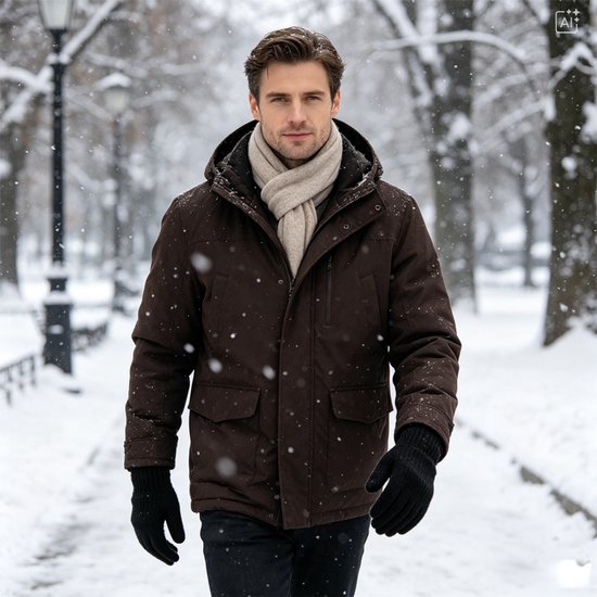 Man in bruine jas en beige sjaal draagt zwarte handschoenen en loopt door een besneeuwd park.