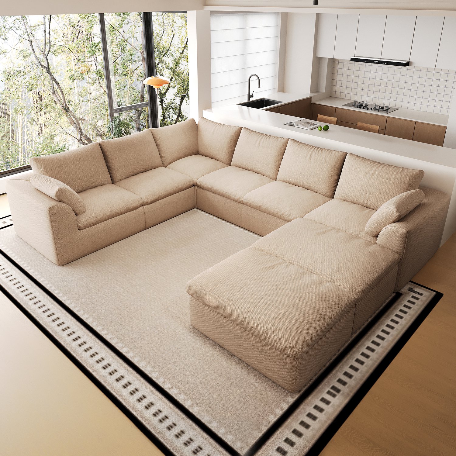 REDOM U-bank 310x245 cm - 8 zitplaatsen en linnen bekleding - Khaki