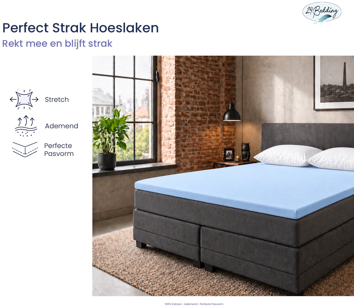 24-Bedding Jersey Topper Hoeslaken - Topdek Hoeslaken Jersey - Extra zacht - 97% katoen - 3% Elastaan - 140x220 cm - licht Blauw - 5 t/m 15 cm hoogte.