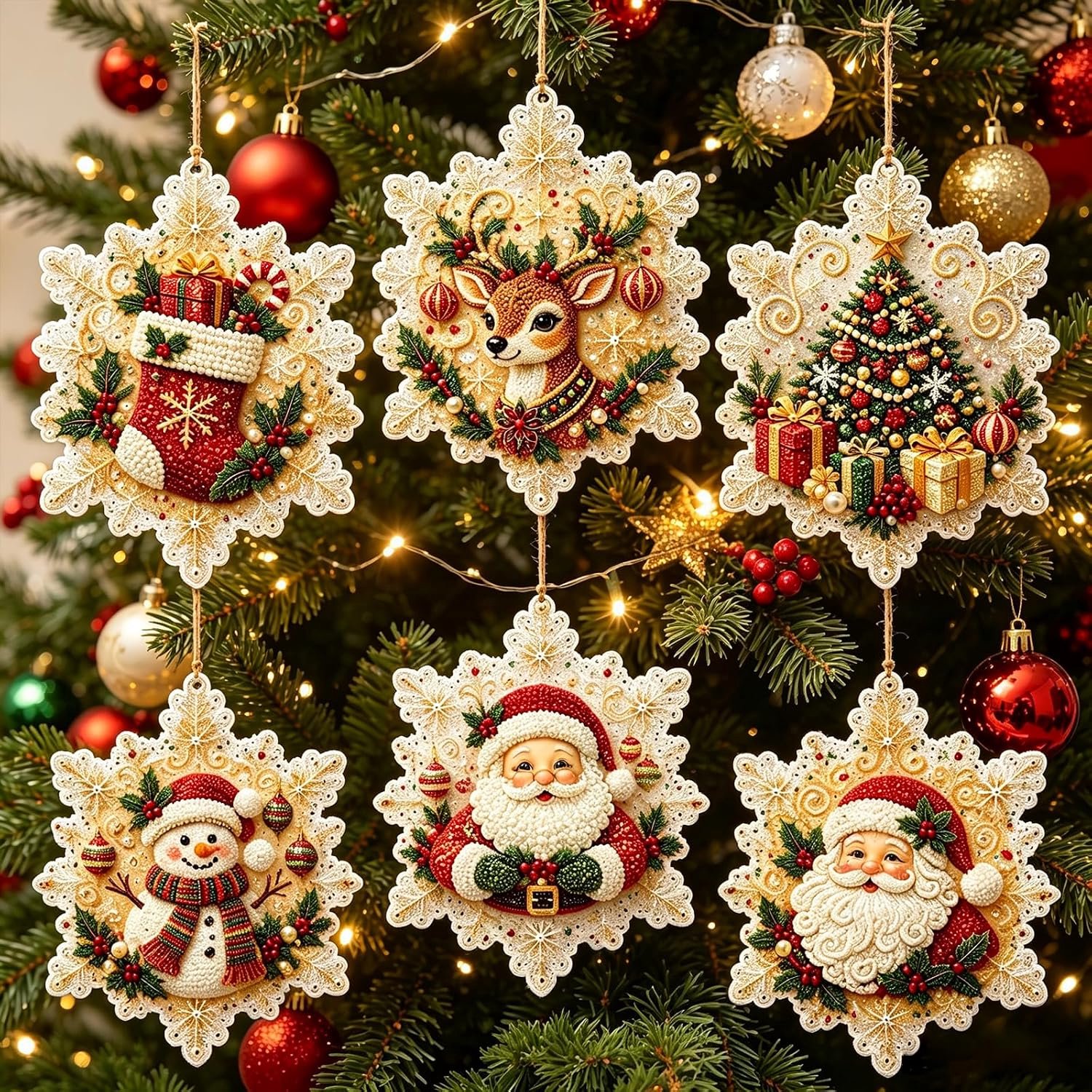 Diamond Painting Kersthangers Set van 6 - Kerst Parel Diamond Painting - DIY Diamond Painting Kersthanger - DIY Kerstboom Hangers met Touw- DIY Kerst Decoratie - Creatieve Knutselset voor Volwassenen & Kinderen - Enkelzijdig afdrukken -TENGYIF®