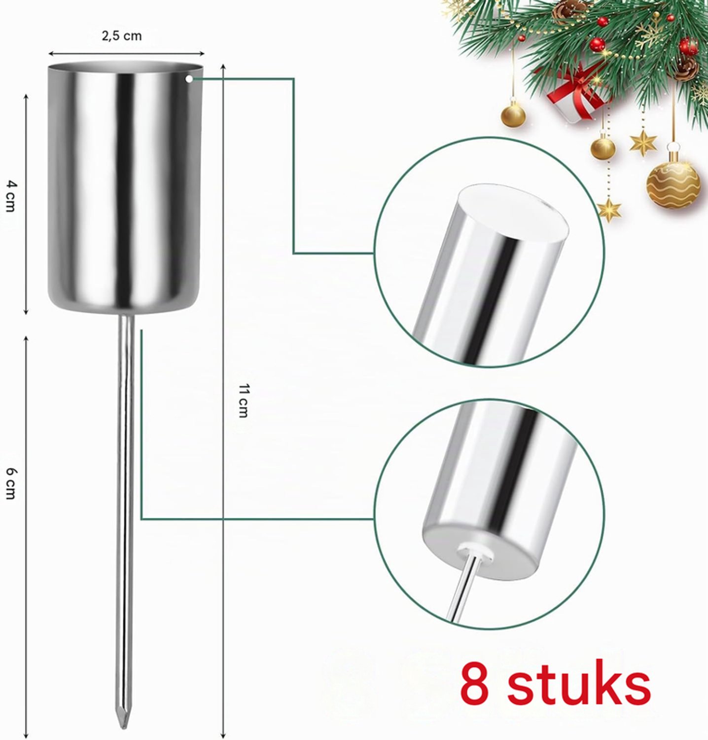 Set van 8 adventskranskaarsenhouders met een diameter van 2,5 cm, metalen taps toelopende kaarsenhouders met pin voor het zelf maken van een adventskrans. Kerstversiering,zilver – foto 2