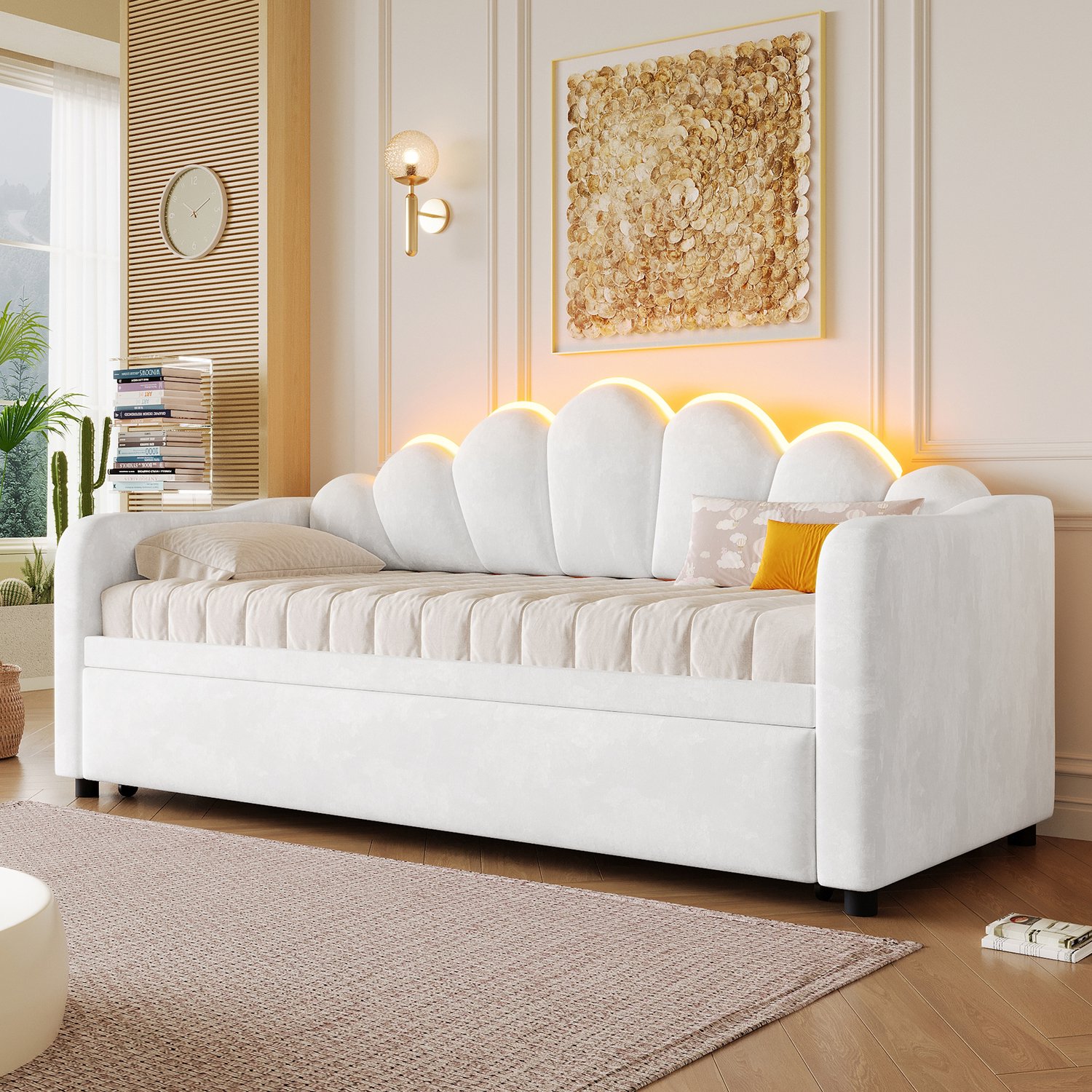 Merax 90x200 cm slaapbank - met uitschuifbaar bed en LED-verlichting - kan plat of verticaal worden uitgetrokken - wit - zonder matras