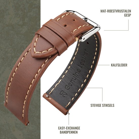 Bruine leren horlogeband met 'Genuine Leather' markering, zilveren gesp, contraststiksels en easy-exchange bandpennen.