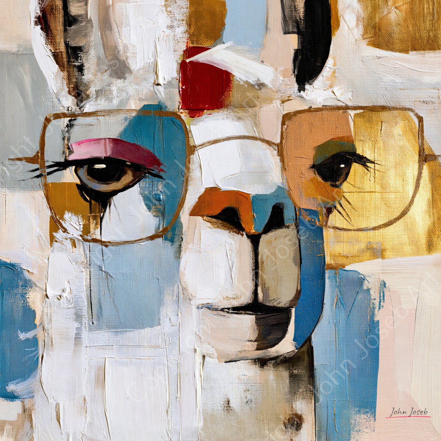 John Joseb Art (Glas) 80x80 | Grappige Alpaca met make up en bril, humor, abstract, humor, kunst, vierkant, Lama, dier, portret, blauw, bruin, rood, w | Foto-schilderij-glasschilderij-acrylglas-acrylaat-wanddecoratie Acrylglas, dikte 5 mm