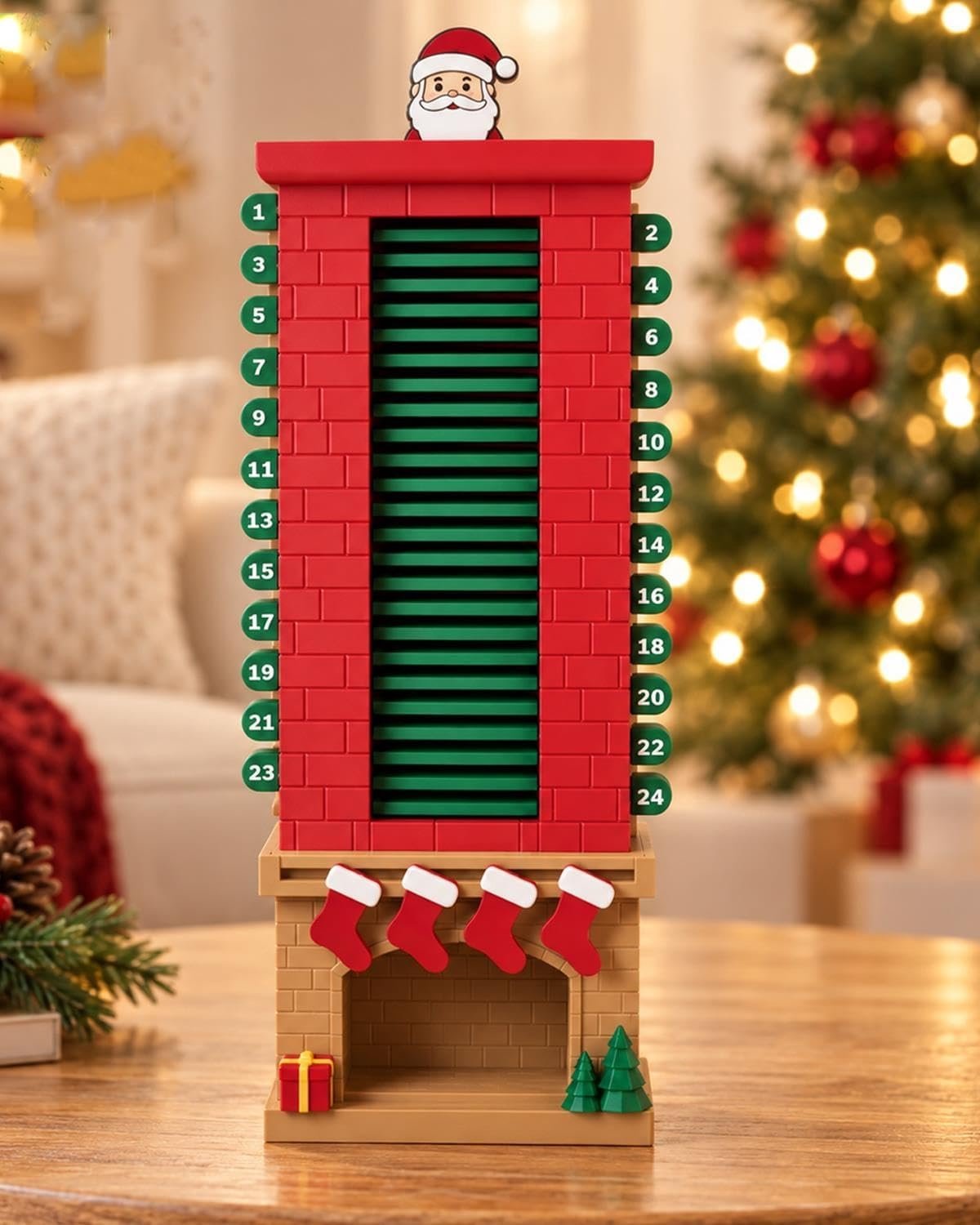 SNQ 3D Geprinte Kerstman in Schoorsteen Adventkalender - 29,5 cm - 24-Daagse Countdown - Interactieve Kerstdecoratie - Feestelijk Aftellen naar Kerst - Voor Thuis en Cadeau