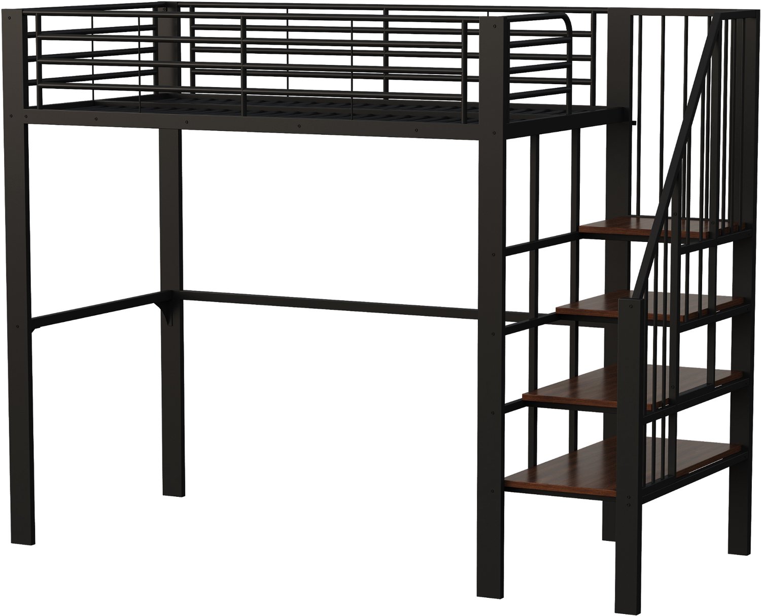 MUVANO Hoogslaper 90 x 200 cm - stevige metalen hoogslaper met ingebouwde trap en opbergruimte - eenpersoons bed voor kinderen en volwassenen, zwart