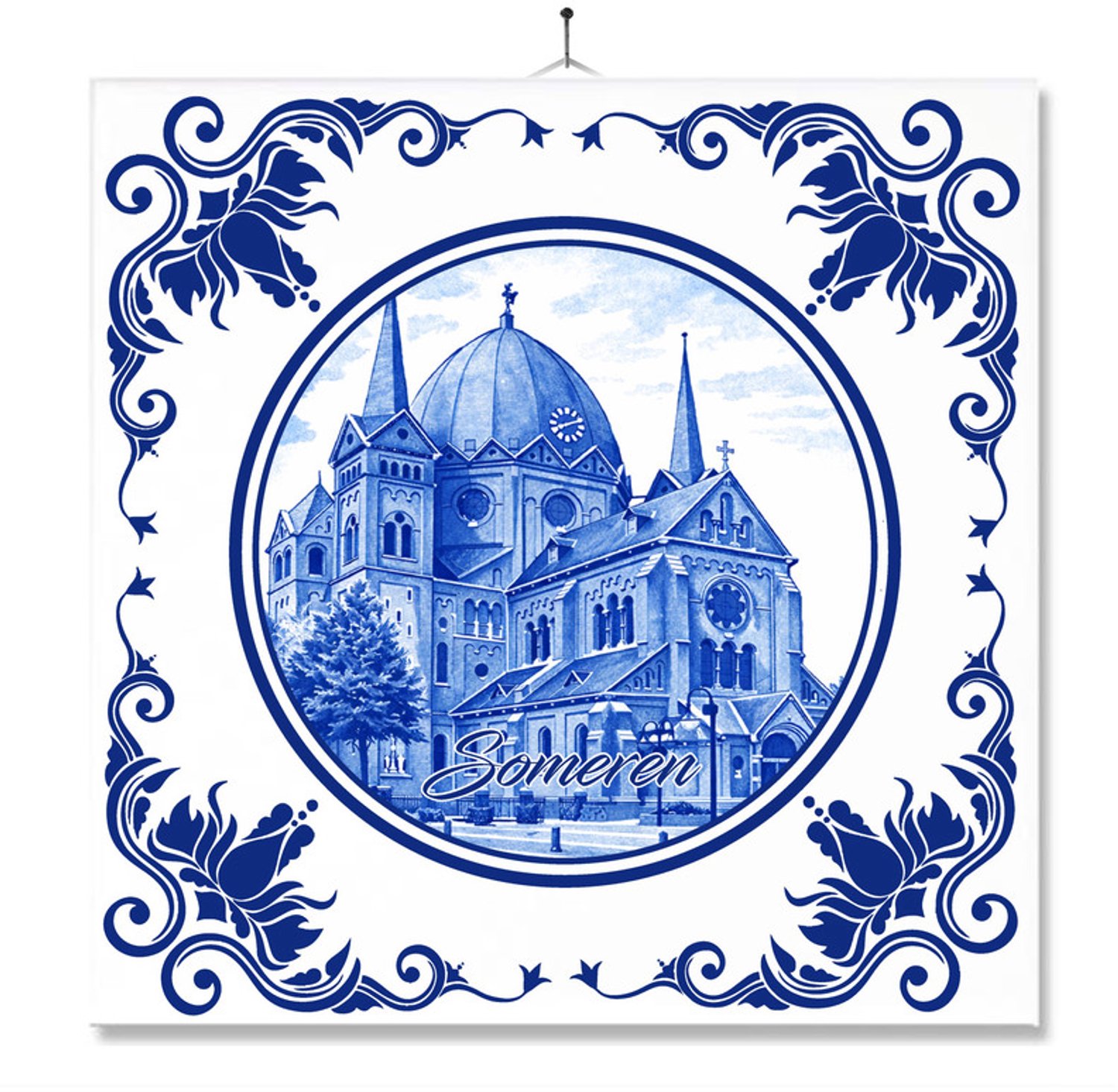 MC Living Tegel Met Opdruk | Someren | Delft Blauw | Cadeau | Inclusief Geschenkdoos | Standaard | Ophangsysteem Ontwerp 1