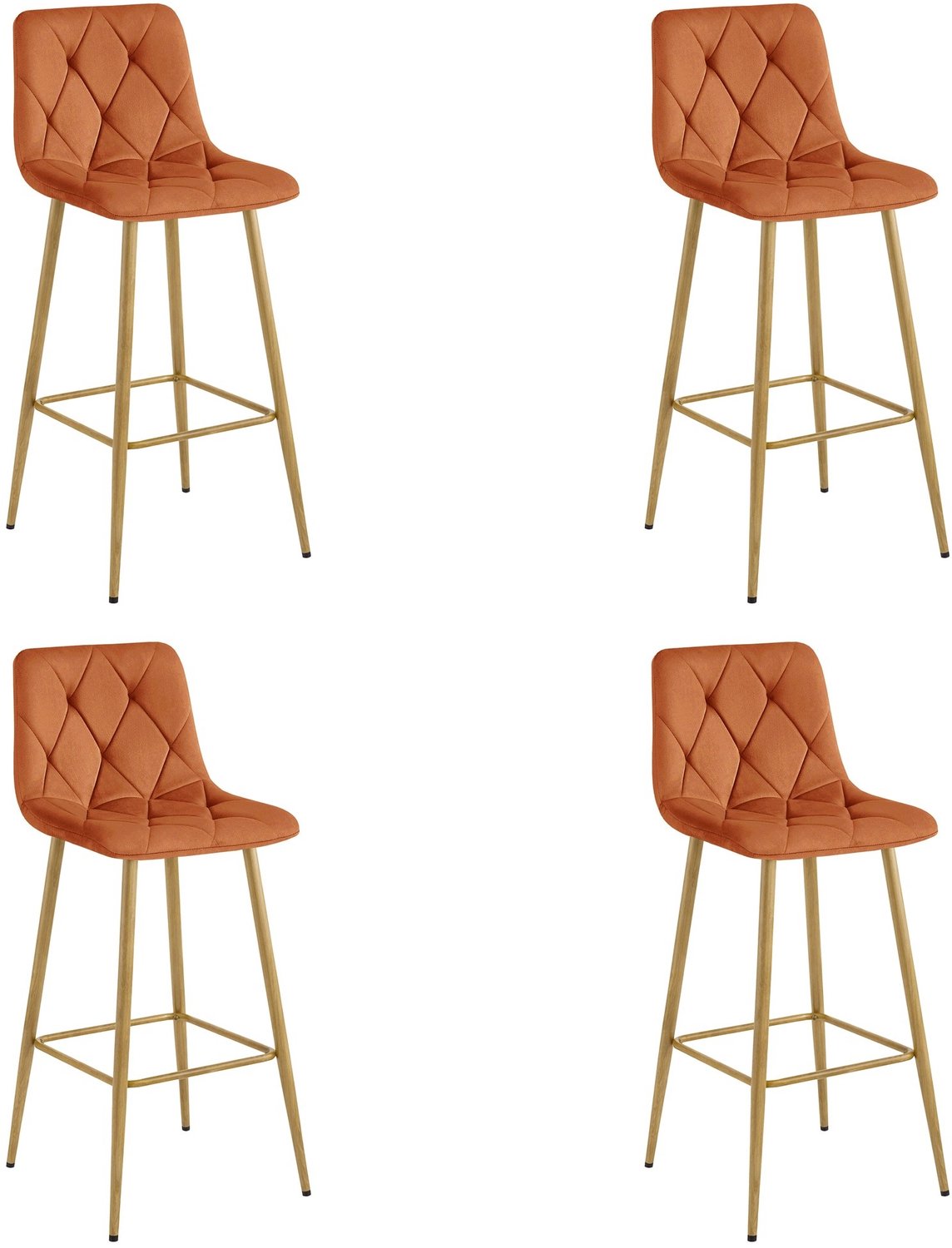 LEOBERT Set van 4 Barkrukken NADO – Koperkleurig Velvet / Fluweel – Gestoffeerde Barstoelen met Rugleuning en Voetsteun – Metalen Poten in Eikenlook – Modern Design – Voor Keukeneiland, Keuken, Bartafel en Thuisbar
