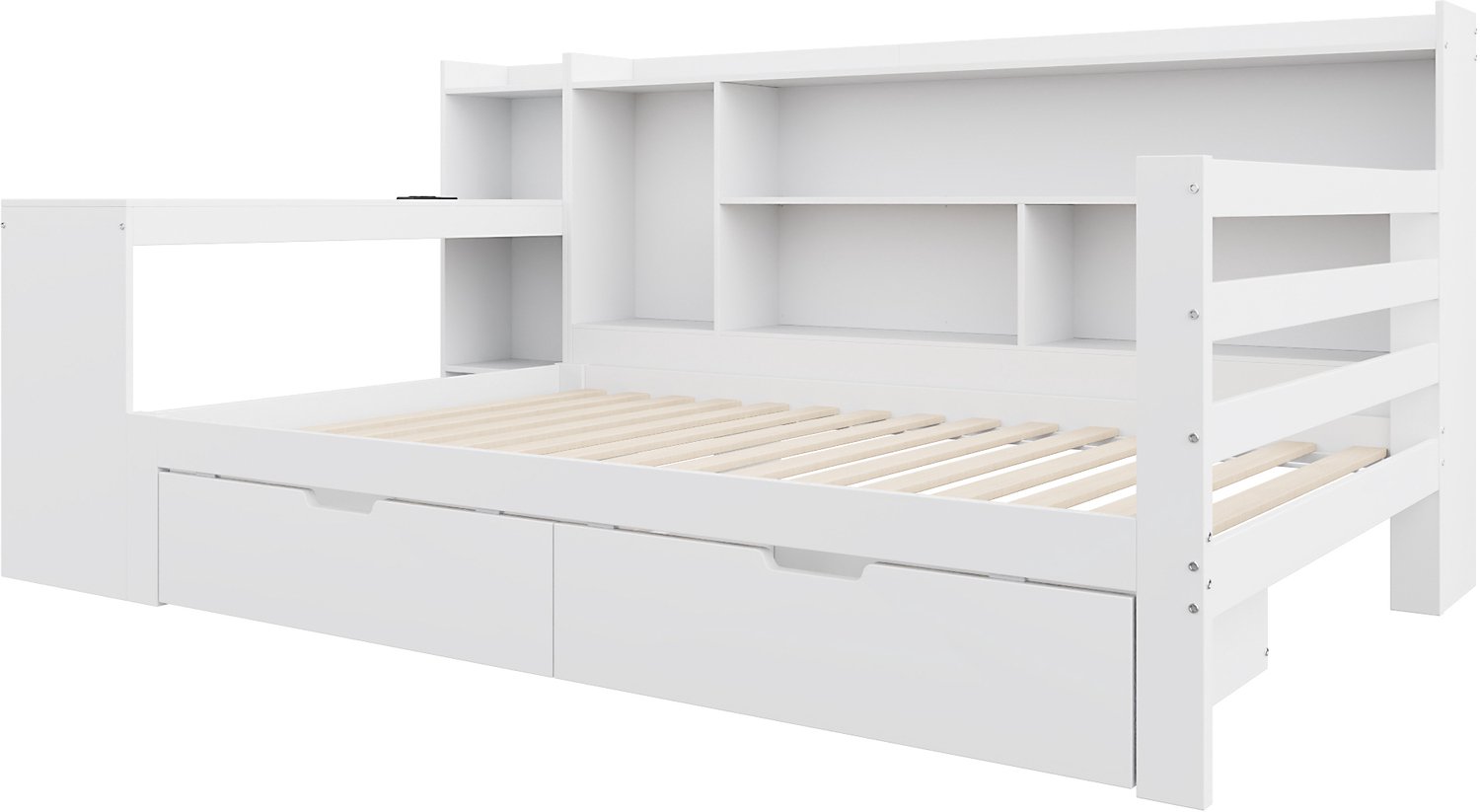 MUVANO Bed met bureau 90 x 200 cm - wit houten bed met opbergruimte, boekenplank, zijplanken, 2 laden en stopcontact voor slaapkamer