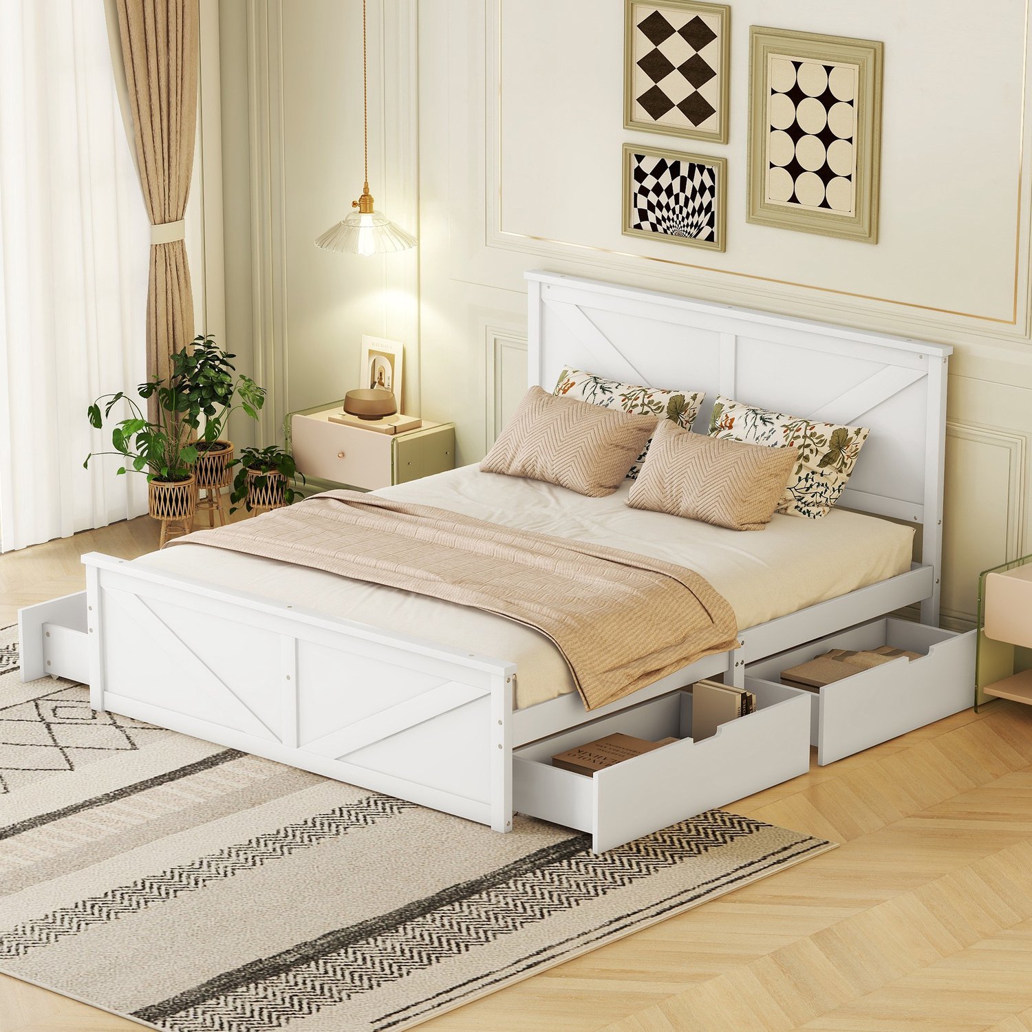 Clruro Tweepersoonsbed - 160x200 cm - met 4 Lades - Lattenbodem en Hoofdbord - Grenenhout/MDF - Wit