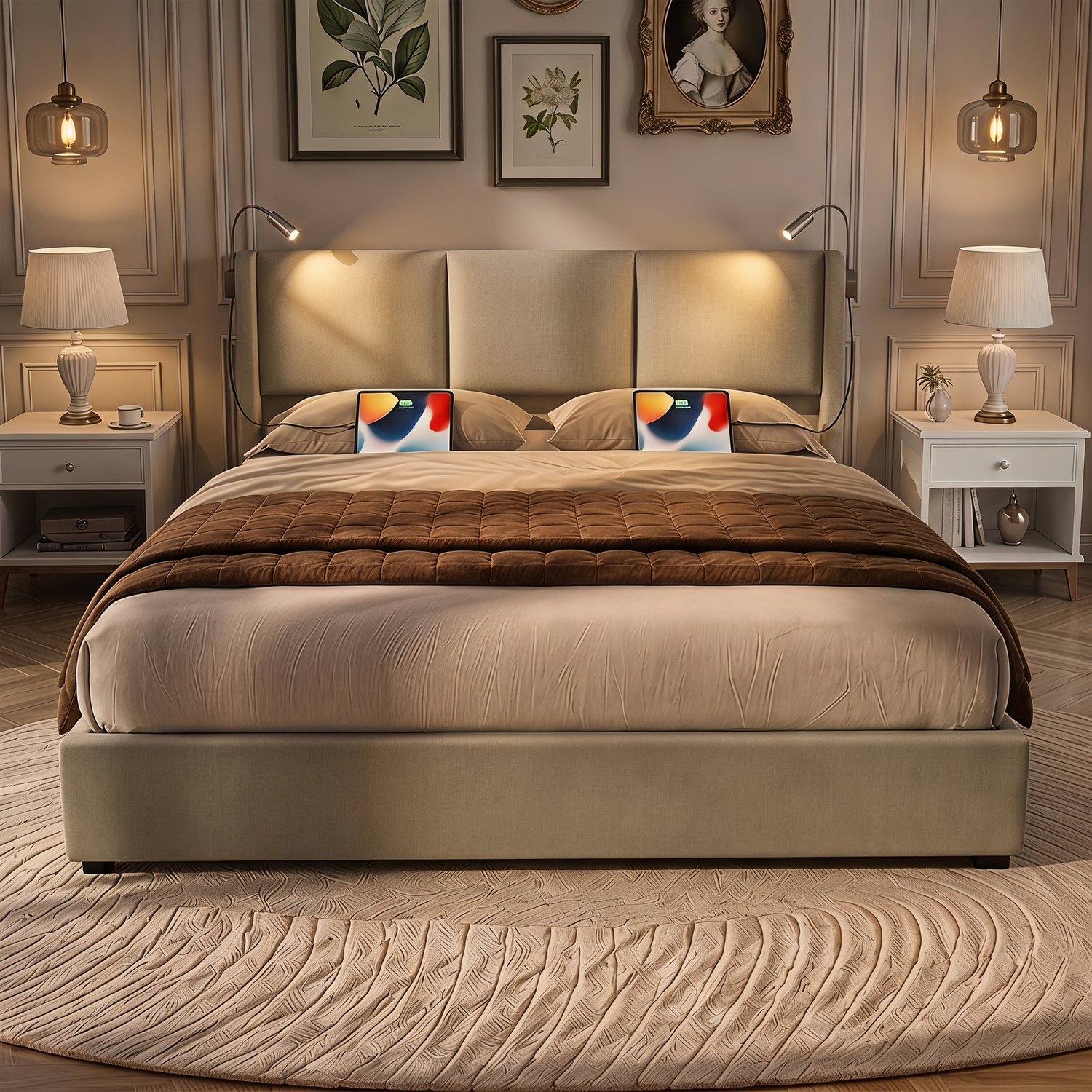 Yelenaro Gestoffeerd bed 160x200 cm met USB, Hydraulisch Tweepersoons bed met Opbergruimte, Jeugdbed Opbergbed met Leerlamp, Zonder Matras, Linnen, Beige