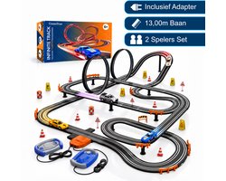 CosmoToys Elektrische Racebaan - 13 METER - 2 Spelers - Met Adapter & Verkeersbordenset - Incl. Looping & Rondeteller - Autobaan Speelgoed voor Kinderen - Kinderspeelgoed