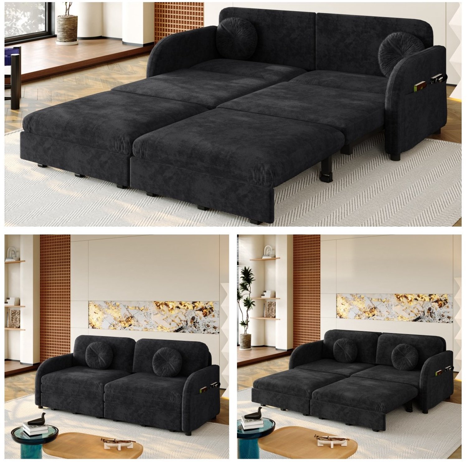 DESMIU Slaapbank 166 x 84 x 90 cm - Uitschuifbaar Met Drie Gebruiksstanden En Zijvakken - Voor Woonkamer En Slaapkamer - Chenille - Zwart