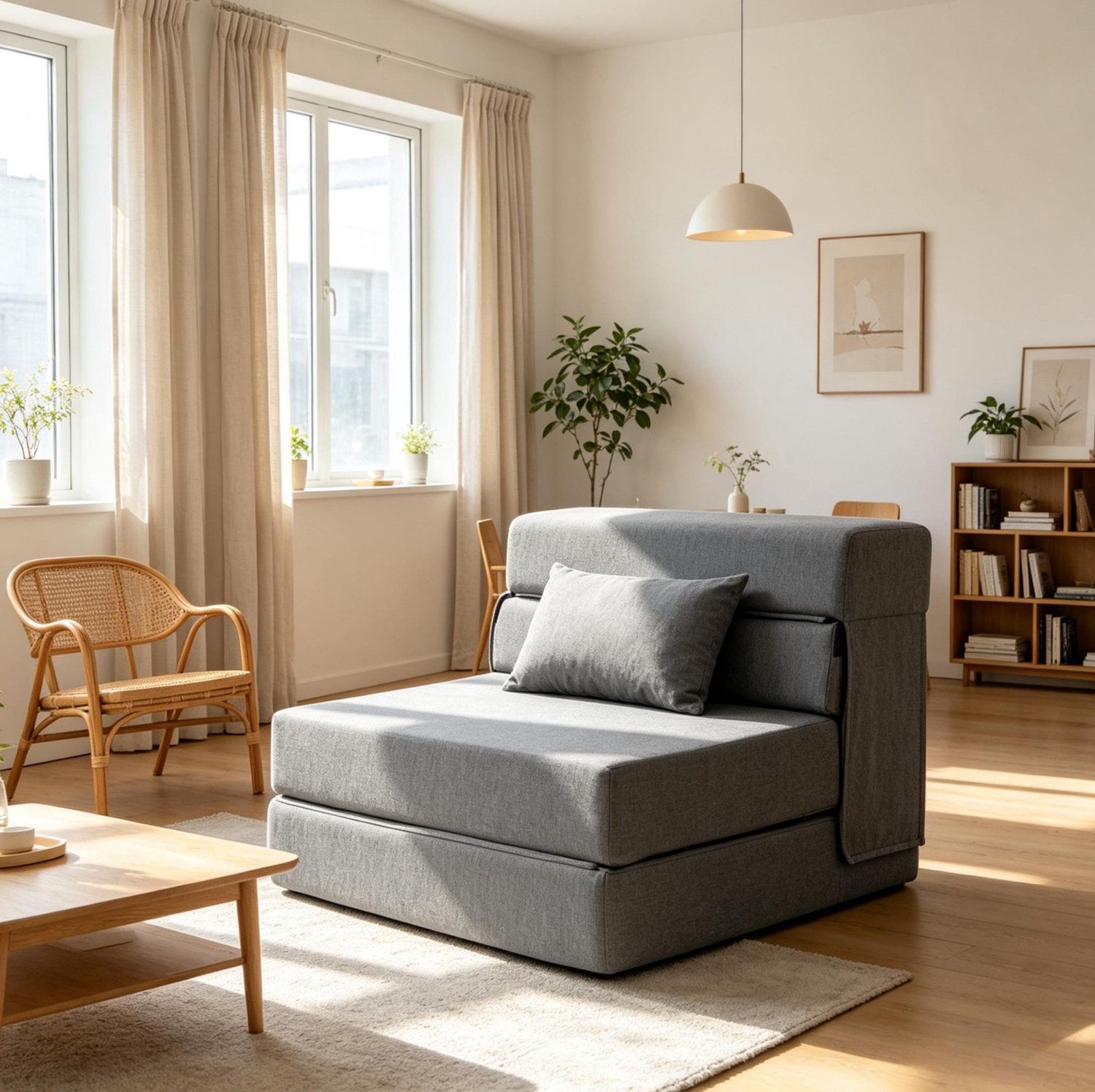 DESMIU Slaapfauteuil 80 x 80 x 64 cm - Opklapbaar Met Kussen - Voor Woonkamer En Kleine Ruimtes - Polyester En Schuim - Grijs