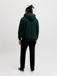 Aanzicht op de rug van een model in een donkergroen JACK & JONES vest met rits en capuchon.