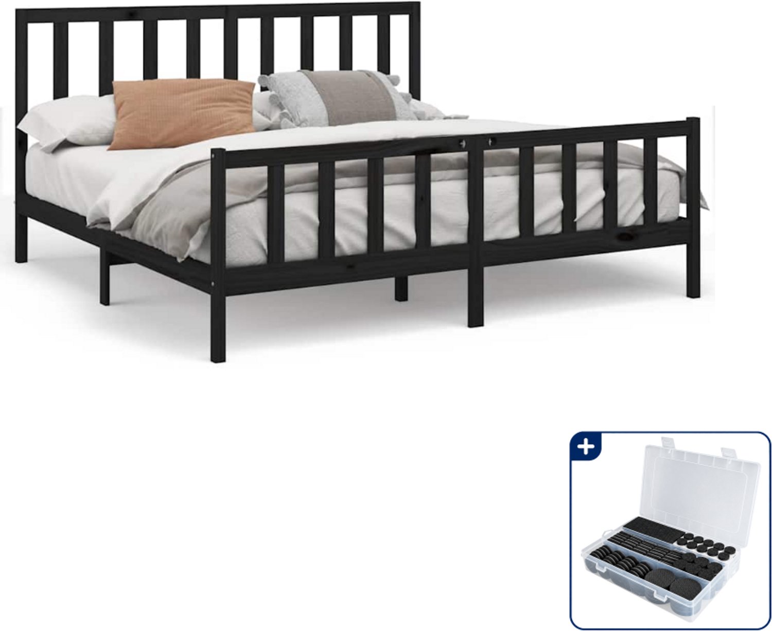 vidaXL bedframe - 200 x 200 cm - massief grenenhout - zwart - Inclusief antikrasvilt 177-delig Blauw