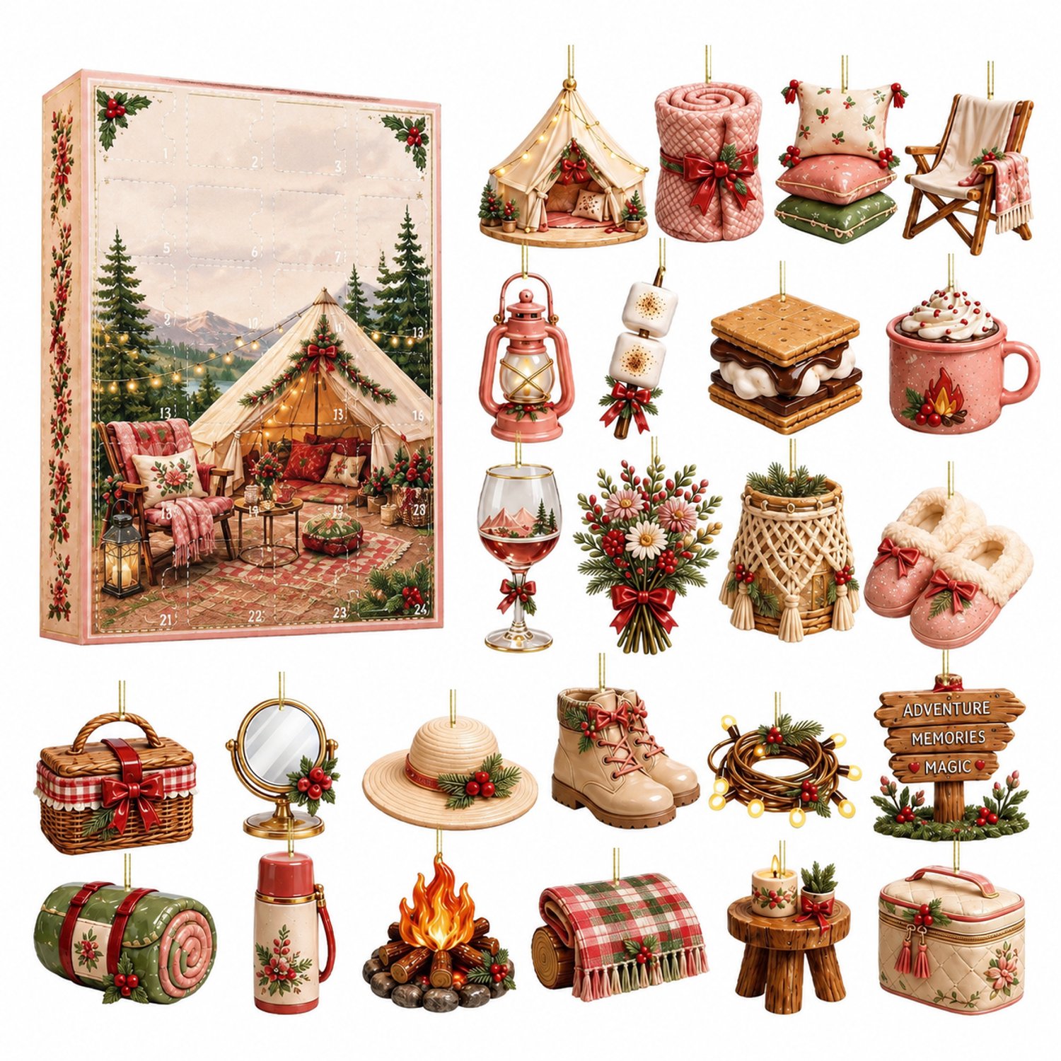 Adventskalender 2026 met roze kampeerthema - 24 acryl hangdecoraties - Genummerd van 1 tot 24 - 26 x 18 x 3 cm