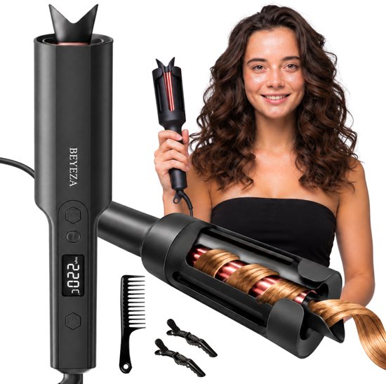 Beyeza krultang set met krultang, kam, twee clips en vrouw met krullend haar die de werking demonstreert.