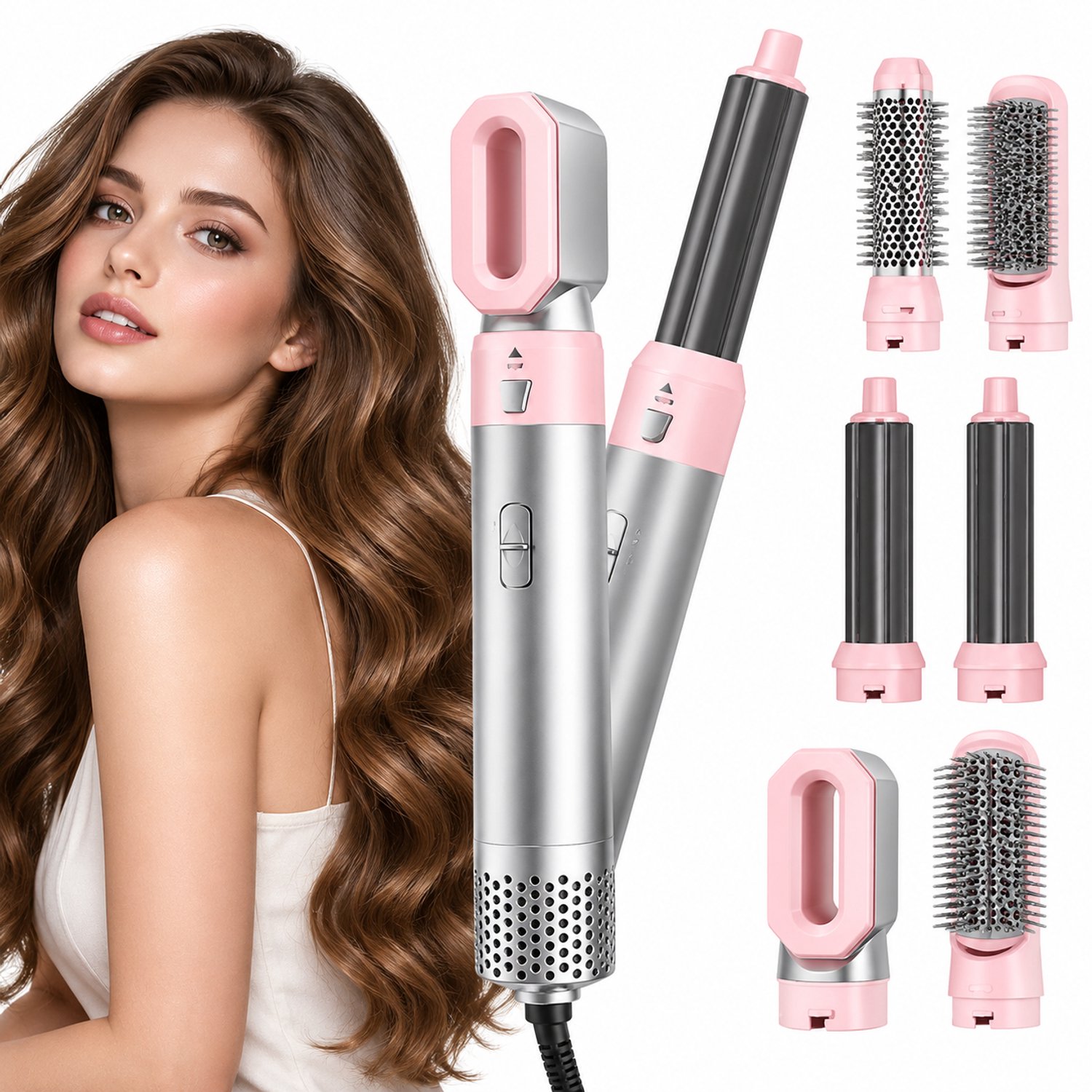 5 in 1 Krultangset – Multistyler - Multifunctionele Haarstyler – Instelbare Modi – Gladde Krullen & Golven – voor Lang en Kort haar – Modern – Roze