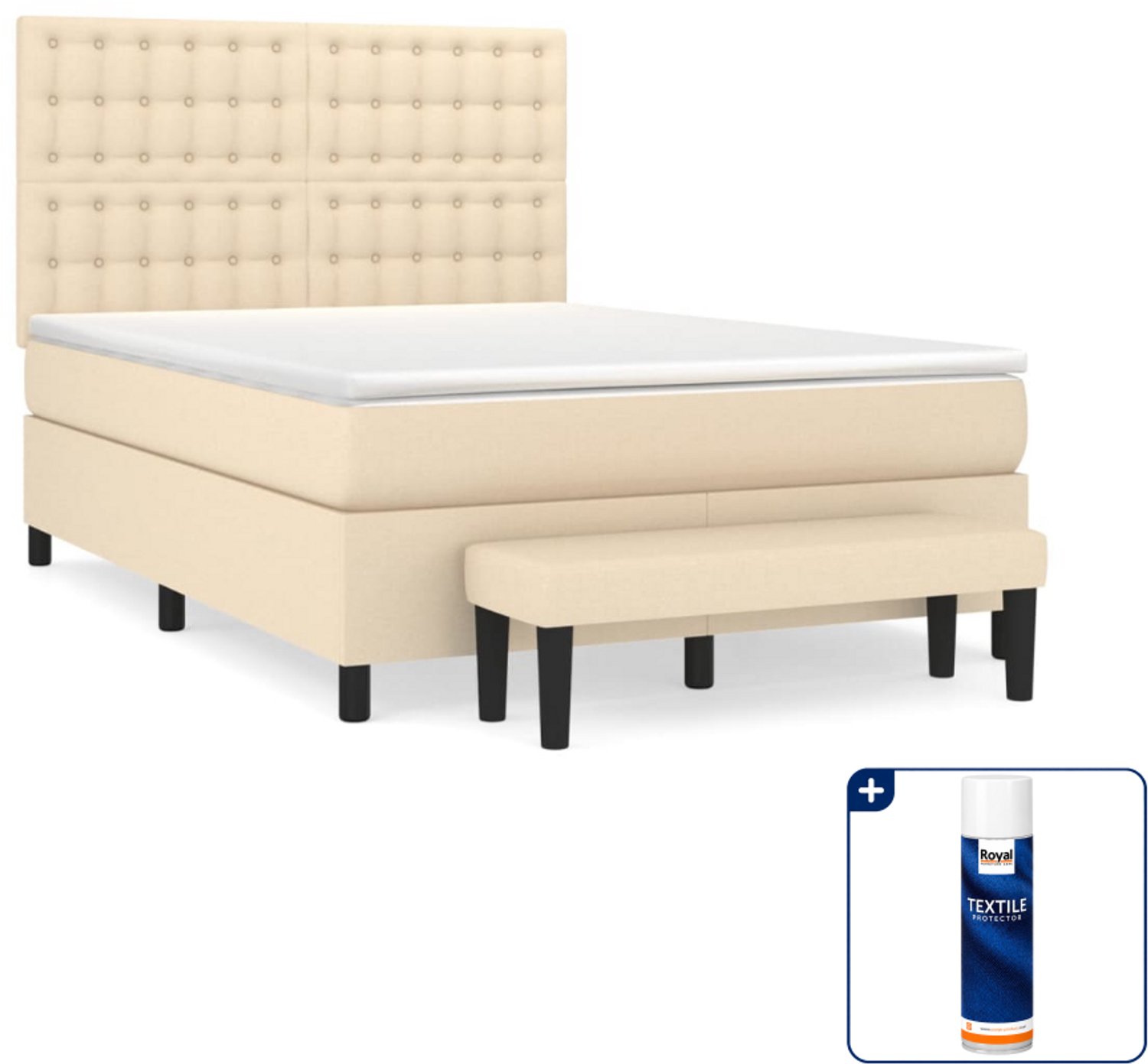 vidaXL Boxspring met matras en bankje - 140 x 190 cm - crème - Inclusief textielbeschermer 500 ml