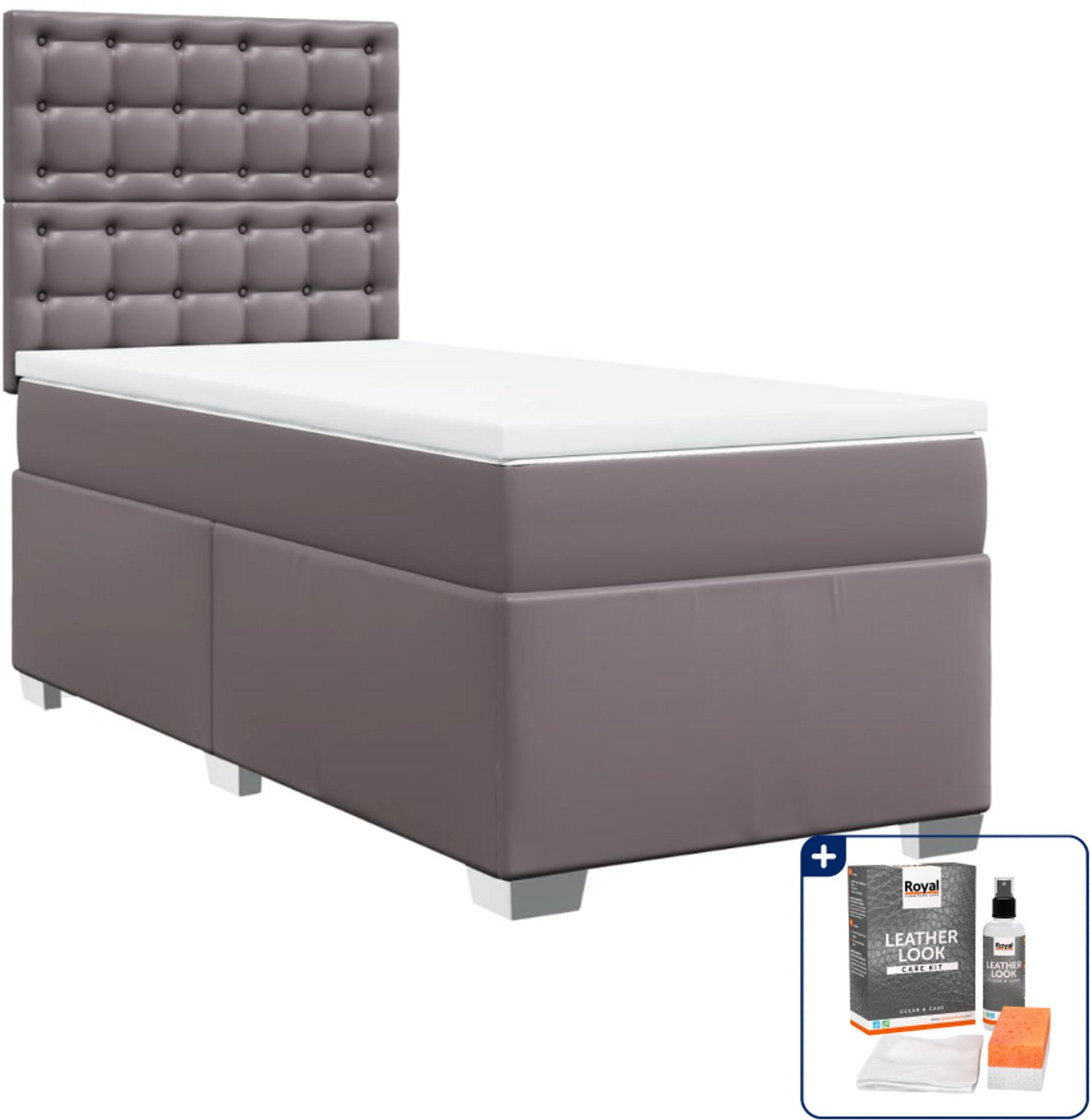 vidaXL Boxspring 100 x 200 cm - kunstleer - grijs - Inclusief onderhoudsset voor kunstleer 150 ml