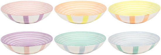 Set van 6 diepe borden in pastelkleuren met horizontale ringen en verticale strepen, diameter 21 cm.