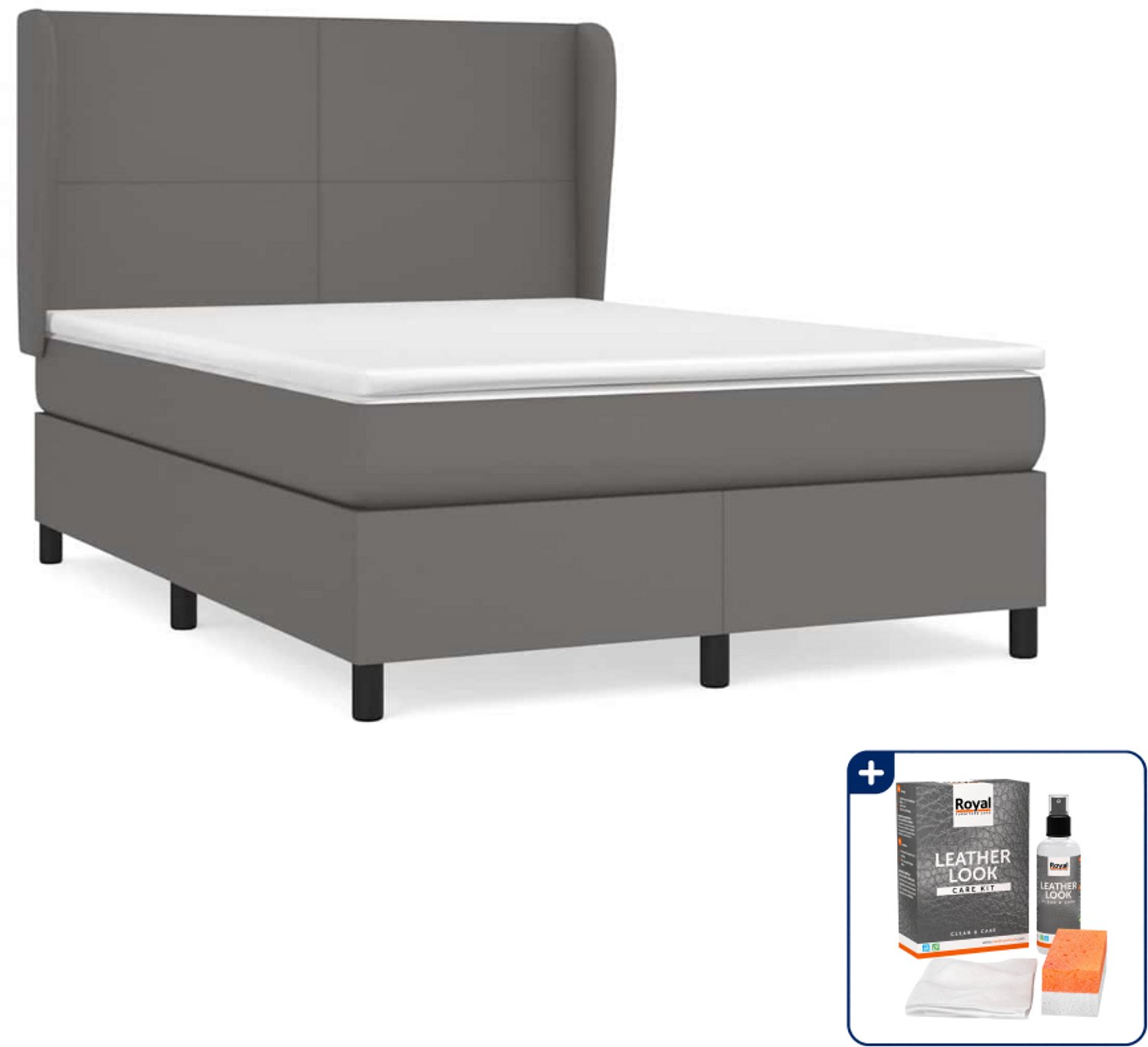 vidaXL Boxspring Small double - 140 x 200 cm - grijs - Inclusief onderhoudsset voor kunstleer 150 ml