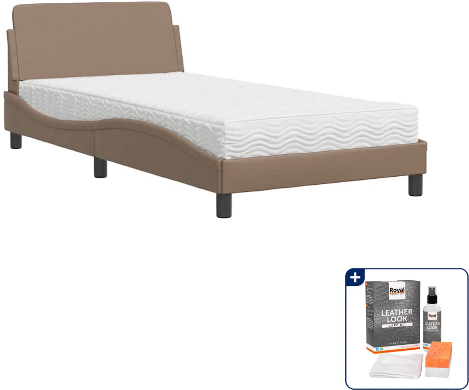 vidaXL Bed met matras Dover - 100 x 200 cm - kunstleer - cappuccino - Inclusief onderhoudsset voor kunstleer 150 ml Grijs