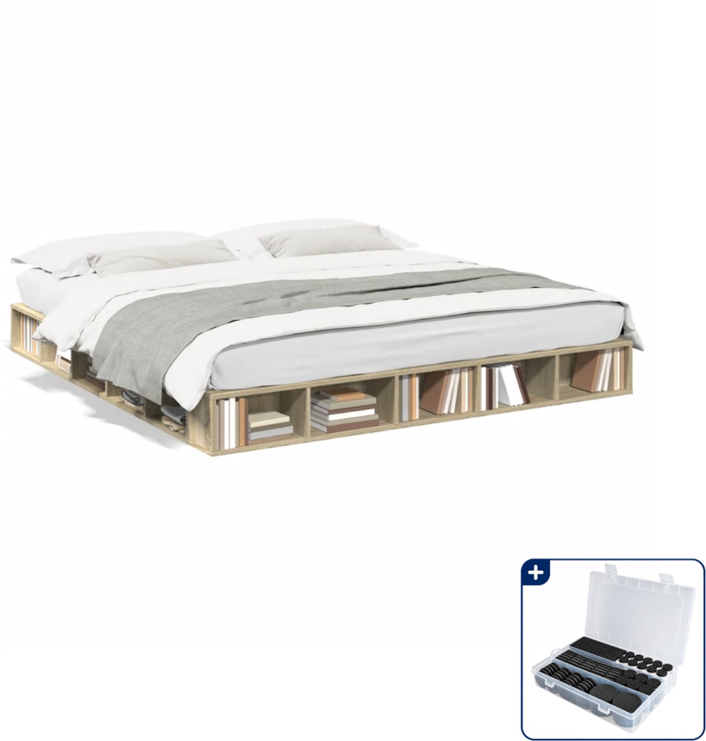 vidaXL bedframe - 200 x 200 cm - bewerkt hout - sonoma eiken - Inclusief antikrasvilt 177-delig Bruin