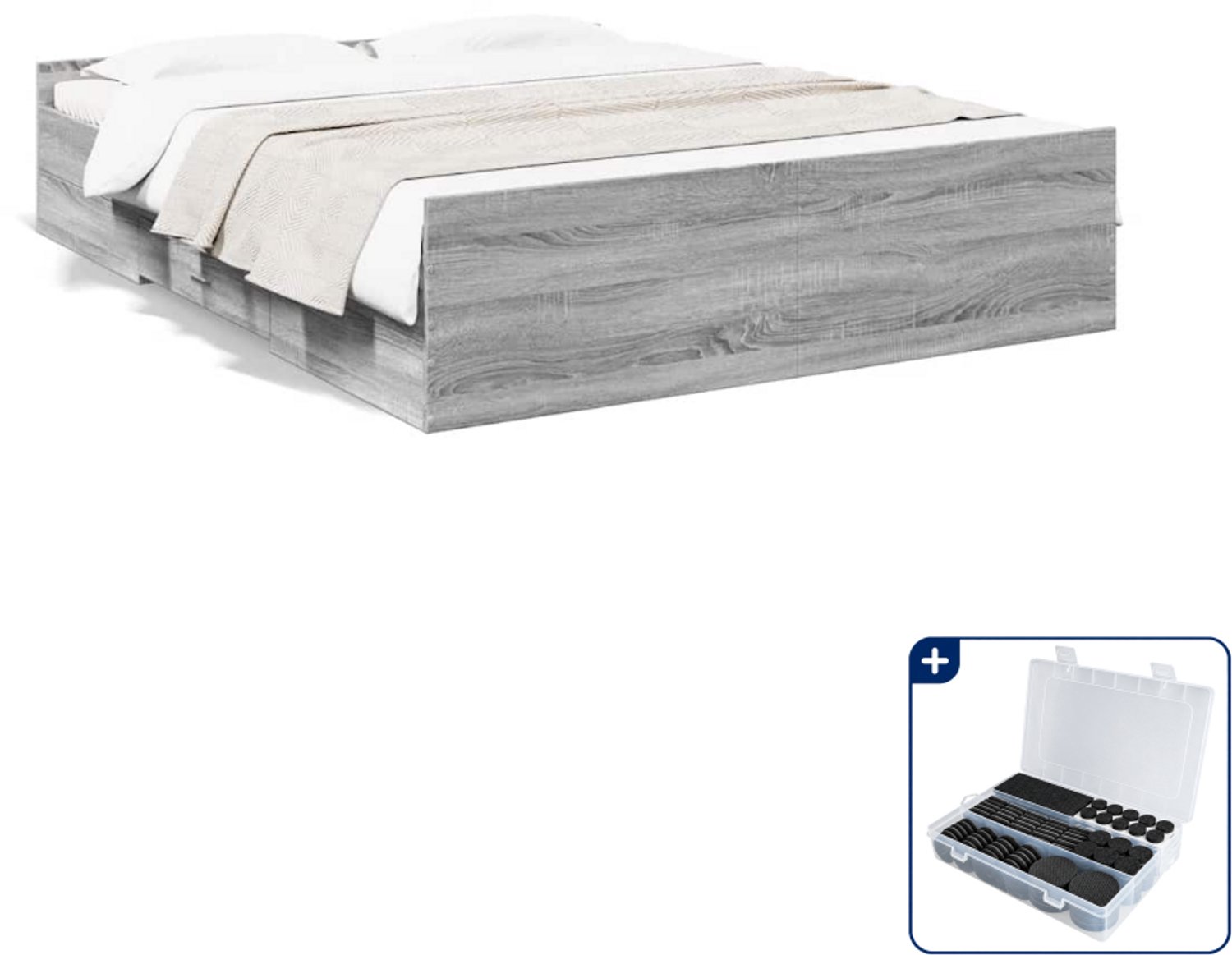 vidaXL bedframe met lades - Queensize - 160 x 200 cm - grijs sonoma - Inclusief antikrasvilt 177-delig Wit