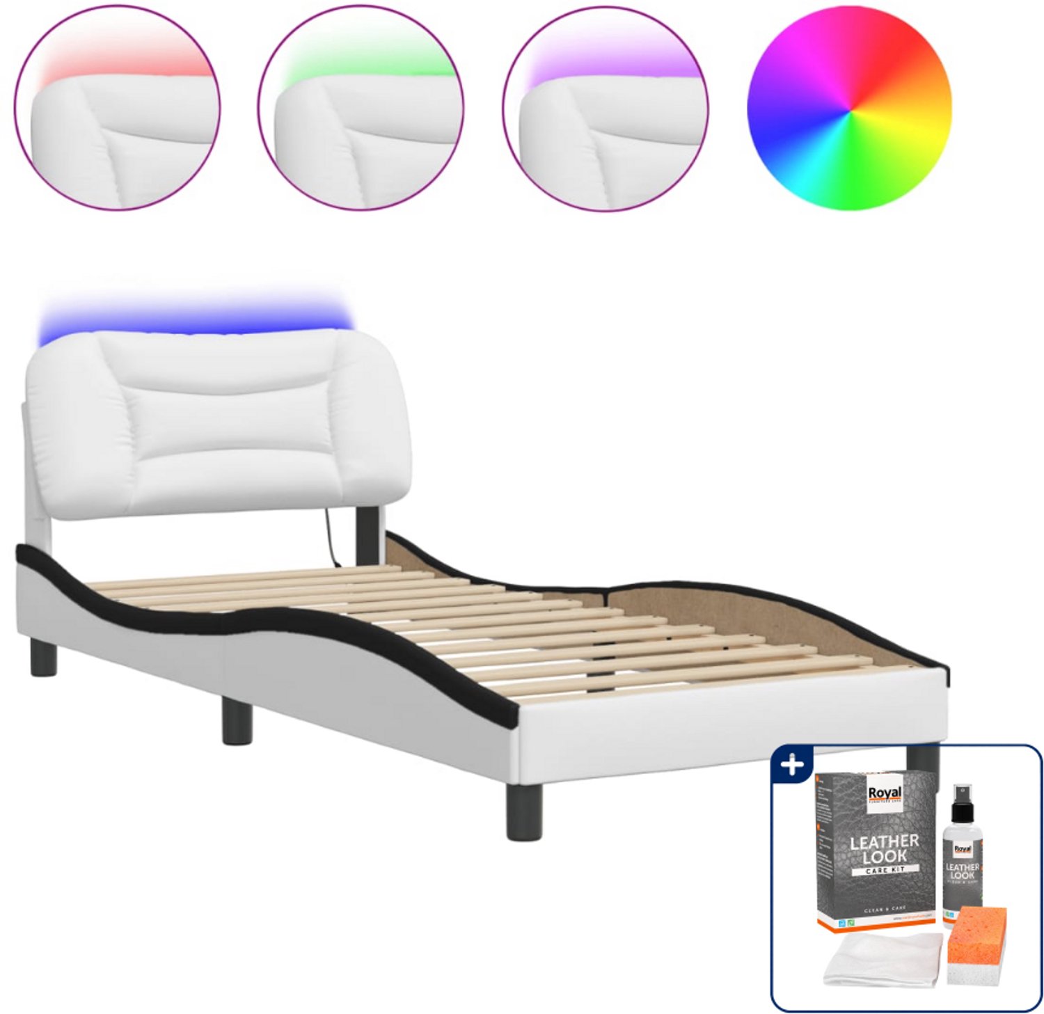vidaXL Hvar bedframe - 90 x 190 cm - kunstleer - wit en zwart - Inclusief onderhoudsset voor kunstleer 150 ml Bruin