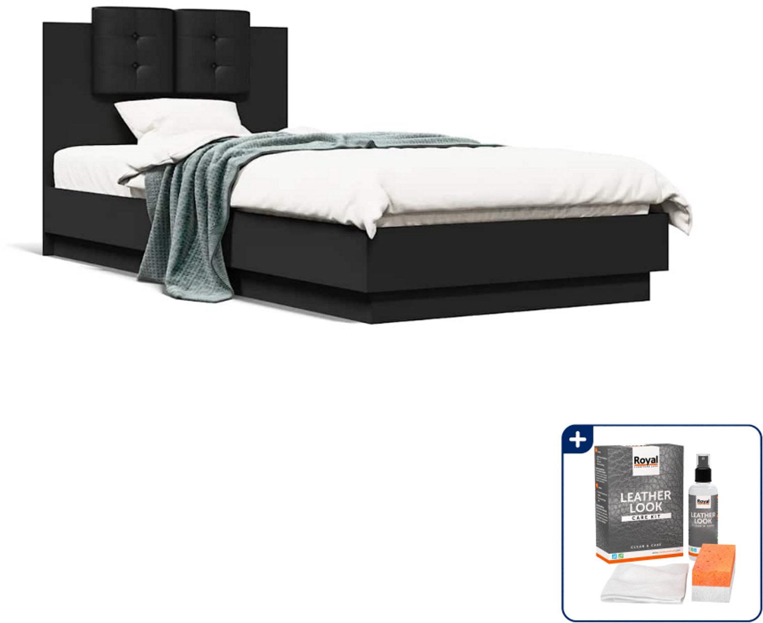 vidaXL bedframe - 90 x 200 cm - bewerkt hout en kunstleer - zwart - Inclusief onderhoudsset voor kunstleer 150 ml Grijs