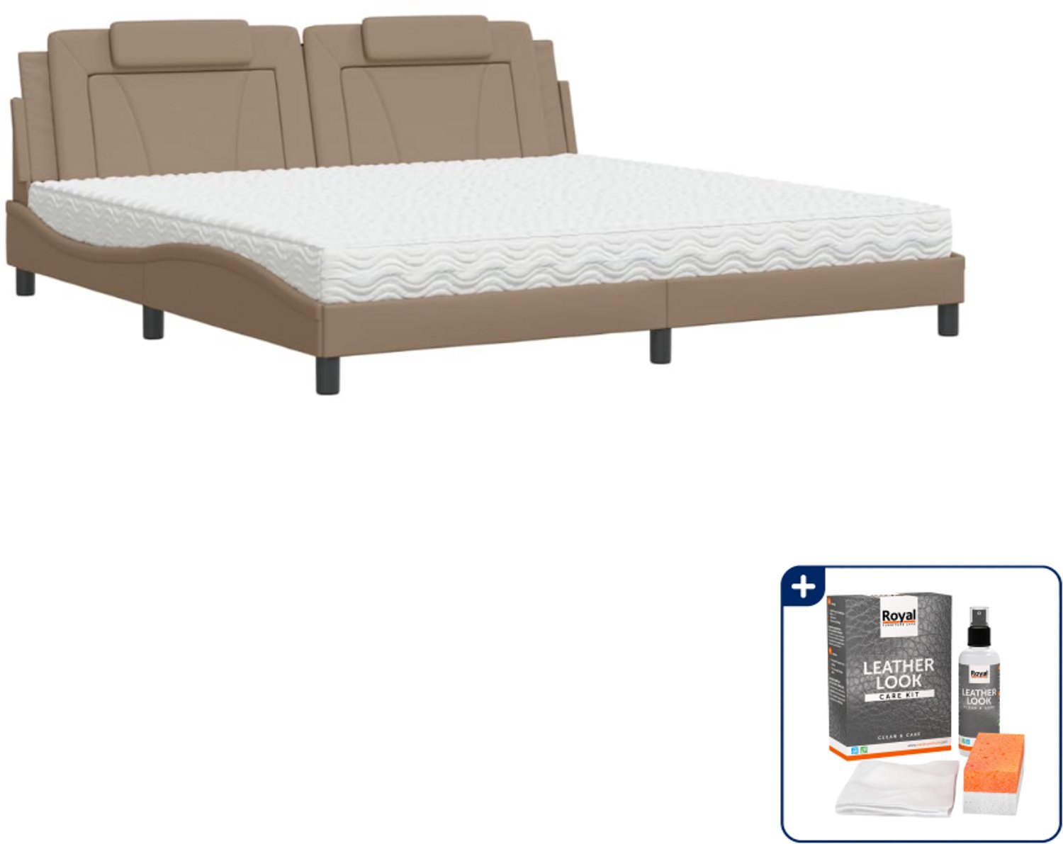 vidaXL Viana bed met matras 200 x 200 cm - kunstleer - cappuccino - Inclusief onderhoudsset voor kunstleer 150 ml Grijs