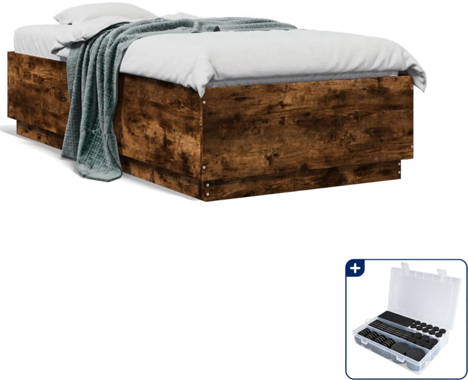 vidaXL bedframe - 90 x 190 cm - bewerkt hout - gerookt eiken - Inclusief antikrasvilt 177-delig Groen