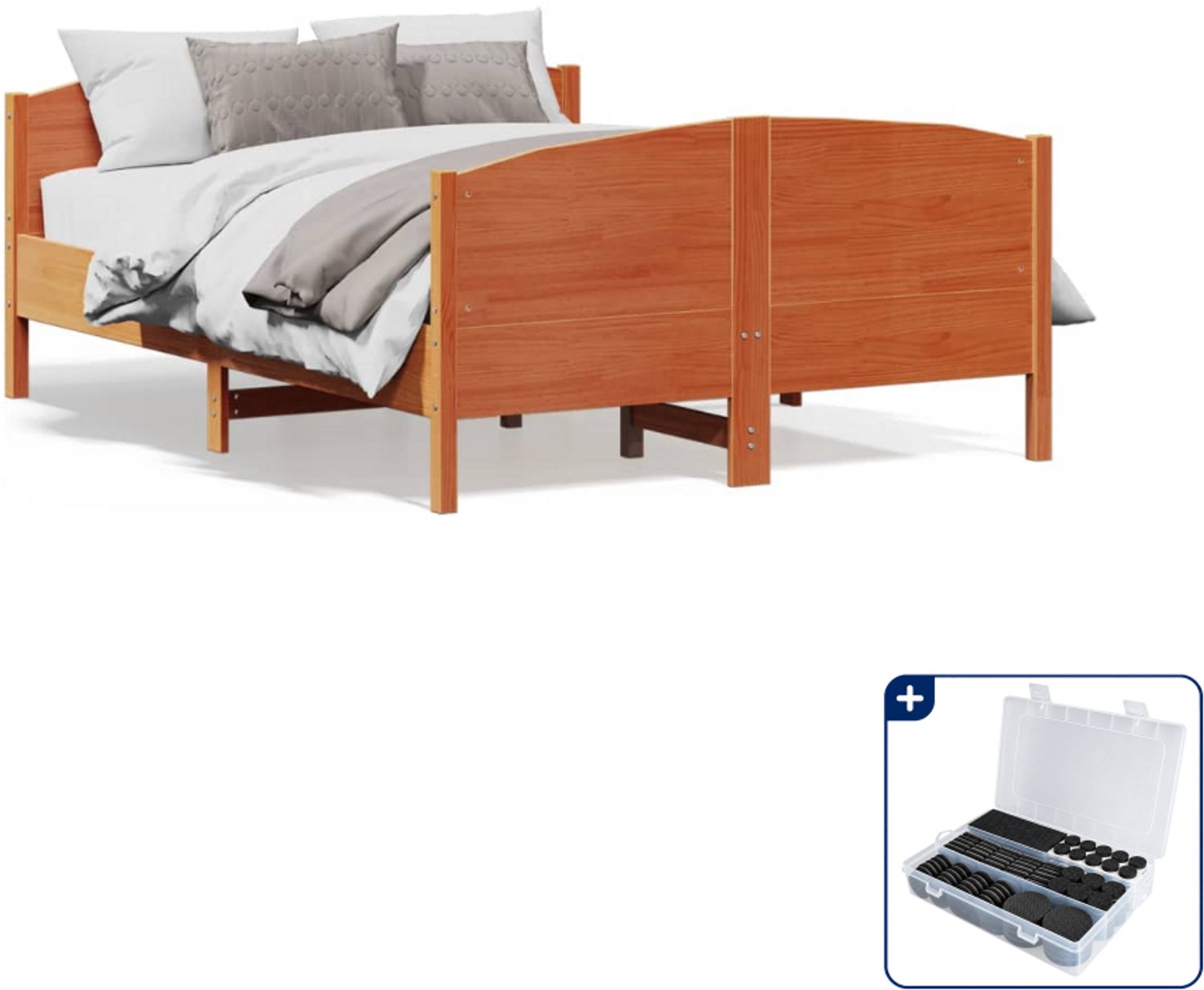 vidaXL bedframe - 135 x 190 cm - massief grenenhout - wasbruin - Inclusief antikrasvilt 177-delig