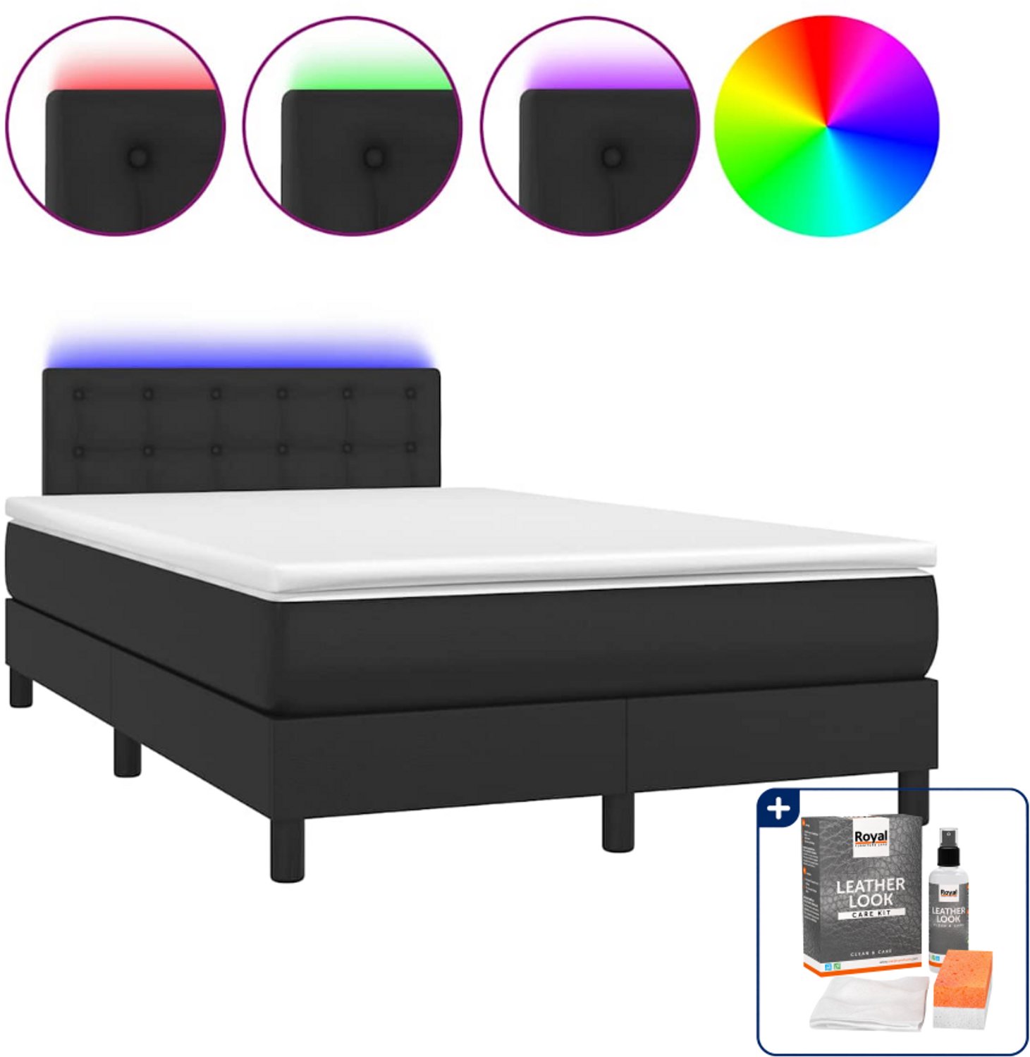 vidaXL boxspring met matras en led - 120 x 200 cm - kunstleer - zwart - Inclusief onderhoudsset voor kunstleer 150 ml