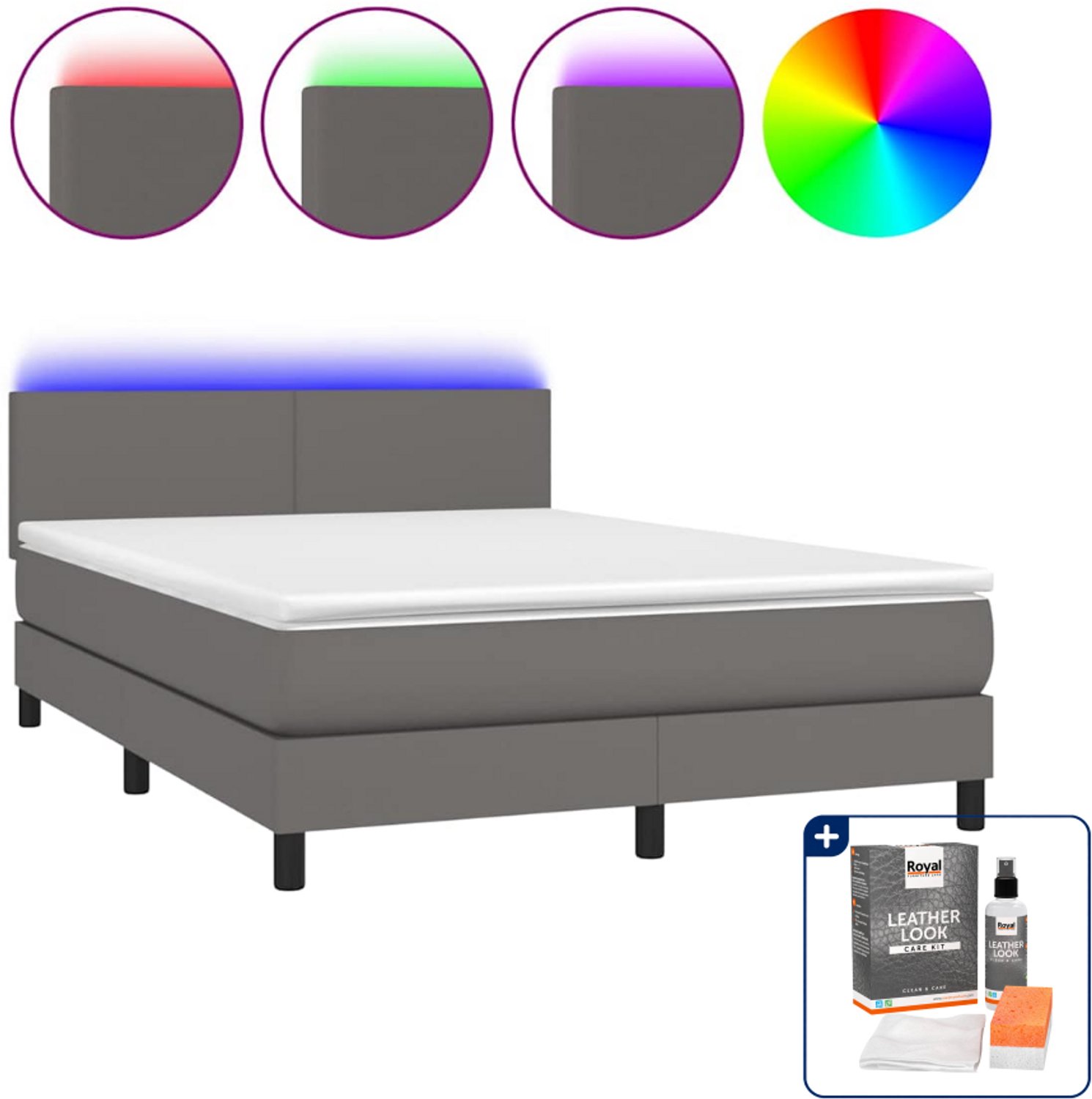 vidaXL boxspring - Small double - 140 x 200 cm - grijs - Inclusief onderhoudsset voor kunstleer 150 ml