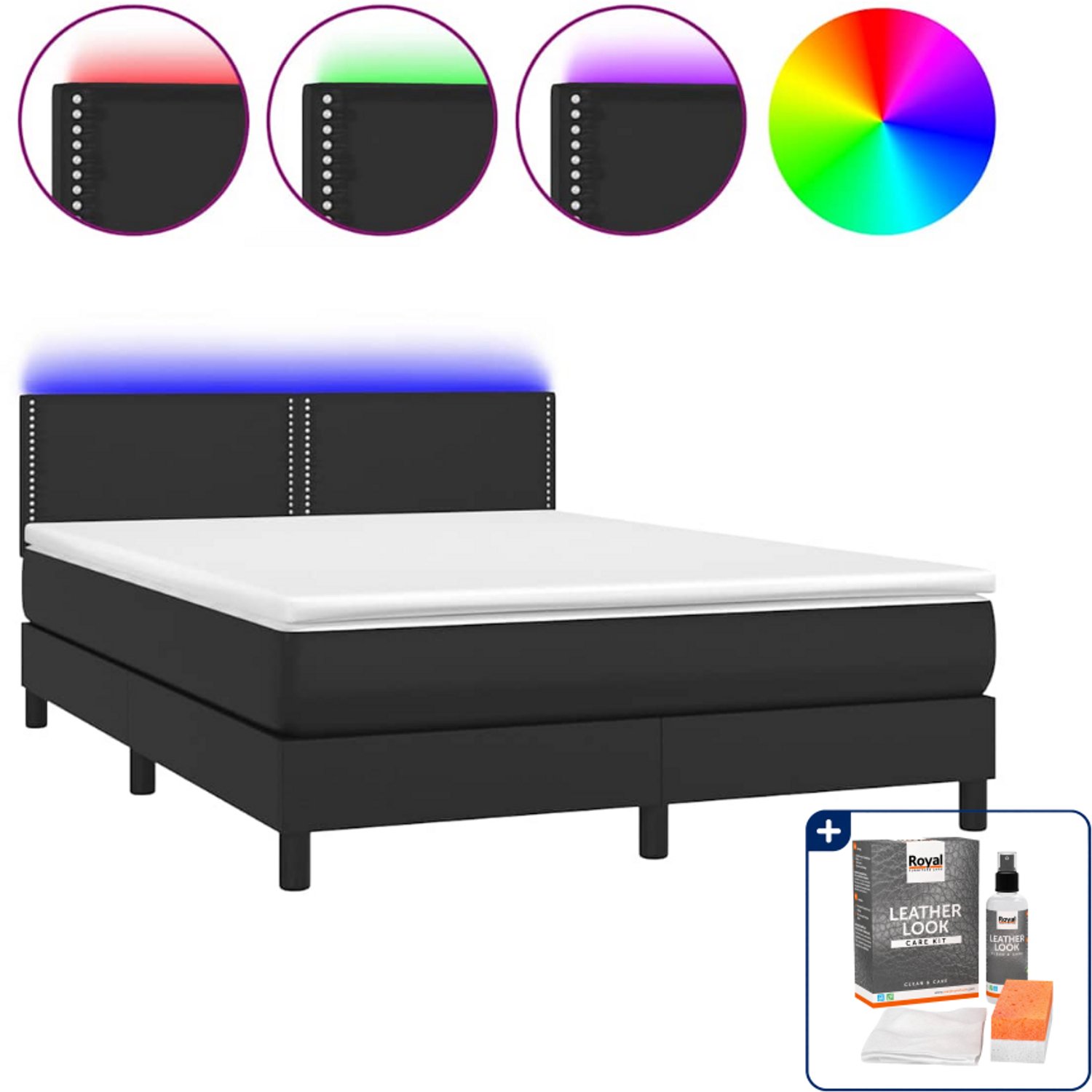 vidaXL boxspring met matras en led - 140 x 190 cm - zwart - Inclusief onderhoudsset voor kunstleer 150 ml
