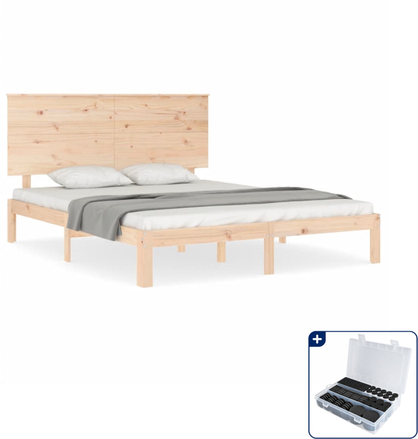 vidaXL bedframe met hoofdbord - 150 x 200 cm - massief grenenhout - Inclusief antikrasvilt 177-delig Bruin