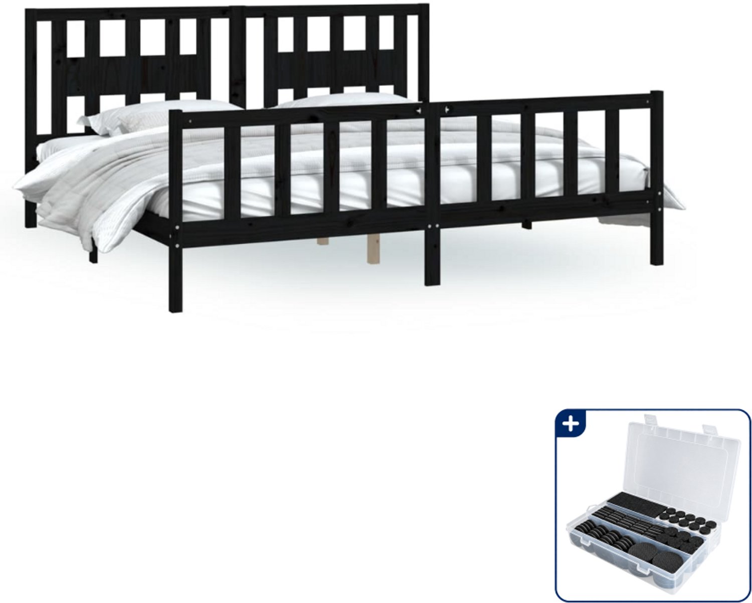 vidaXL bedframe met hoofdbord - 200 x 200 cm - massief grenenhout - zwart - Inclusief antikrasvilt 177-delig