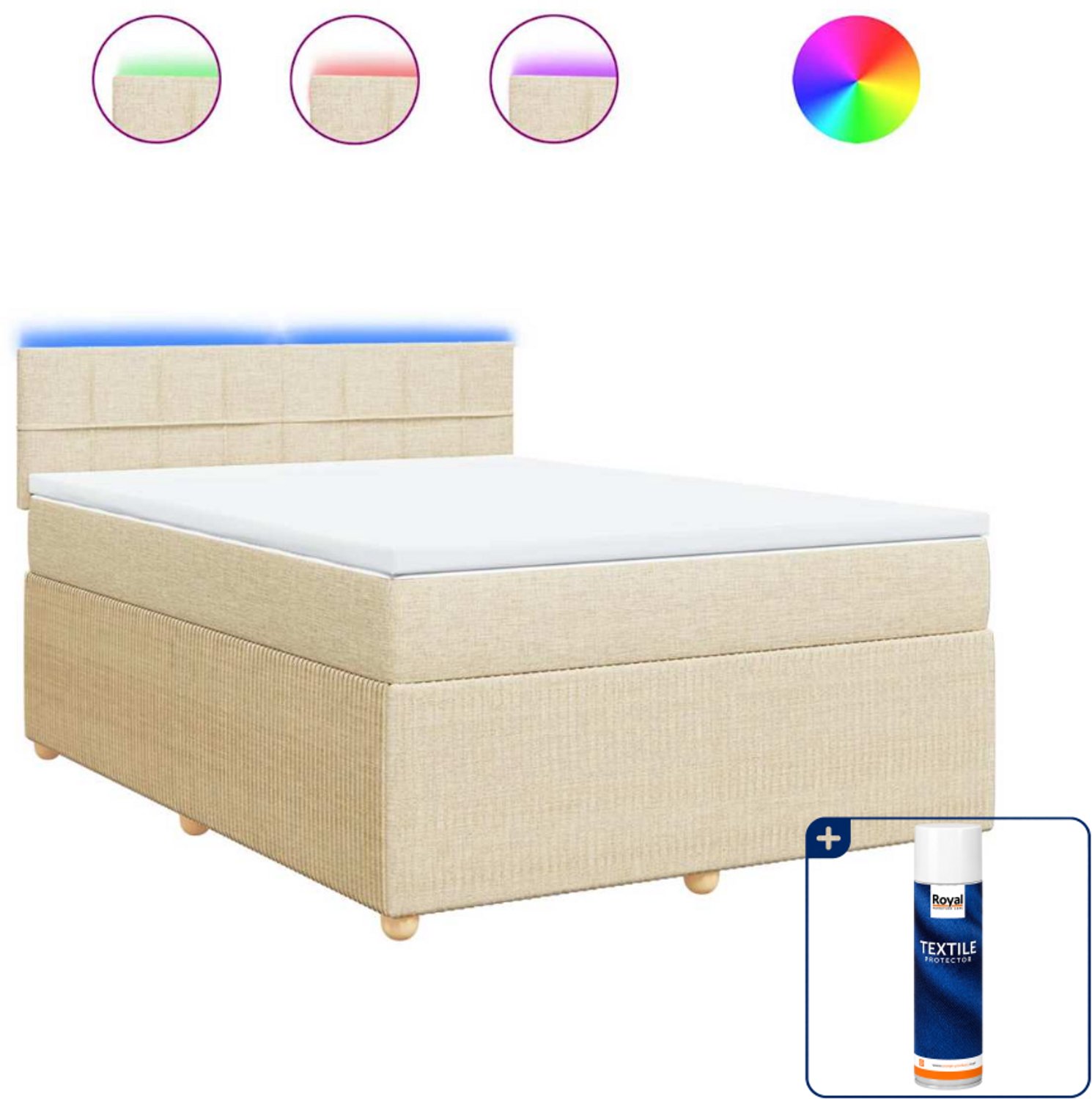vidaXL boxspring met matras - 140 x 190 cm - stof - crèmekleurig - Inclusief textielbeschermer 500 ml