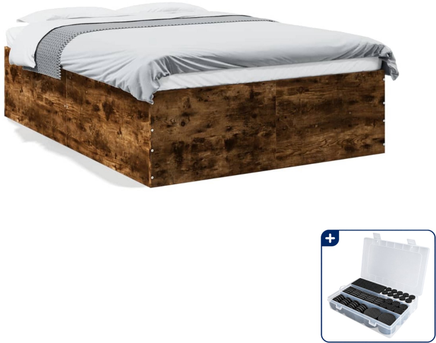 vidaXL bedframe - 120 x 190 cm - bewerkt hout - gerookt eiken - Inclusief antikrasvilt 177-delig Bruin