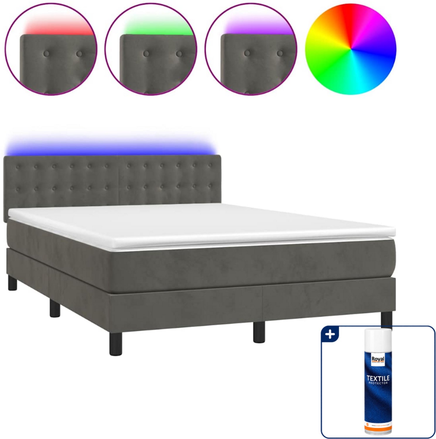 vidaXL boxspring met matras en led - 140 x 190 cm - fluweel - donkergrijs - Inclusief textielbeschermer 500 ml