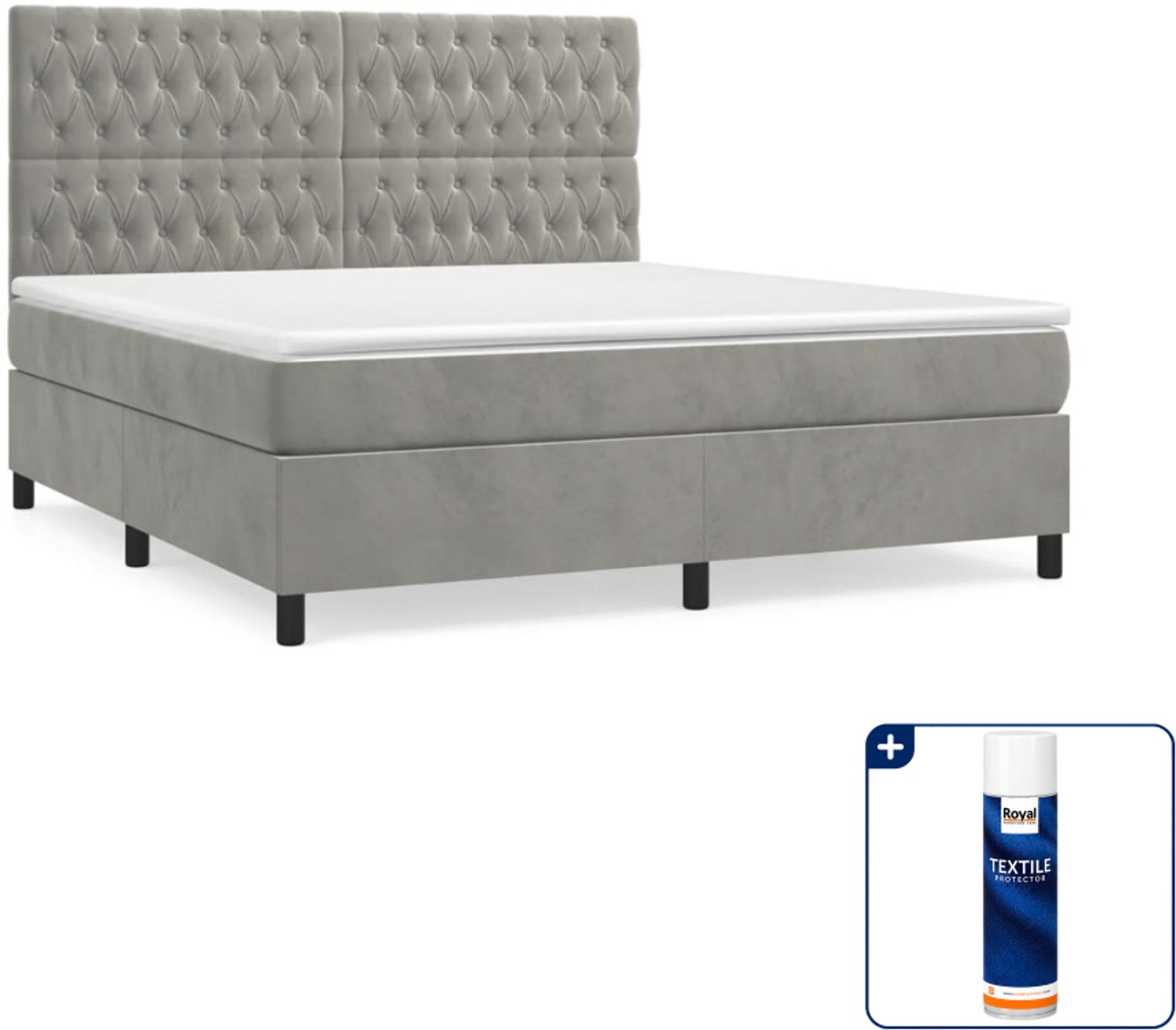 vidaXL Kingsize boxspring met matras - 180 x 200 cm - fluweel - grijs - Inclusief textielbeschermer 500 ml