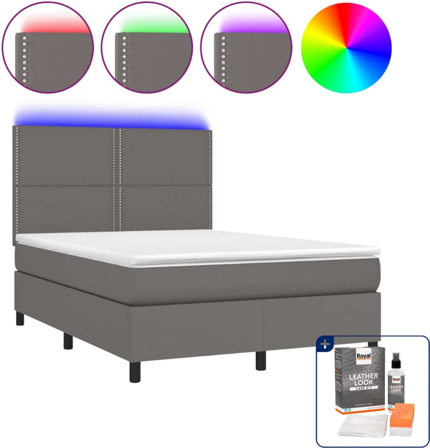 vidaXL boxspring met matras en LED - 140 x 190 cm - grijs - Inclusief onderhoudsset voor kunstleer 150 ml