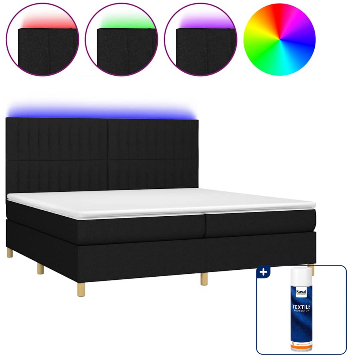 vidaXL boxspring met matras en LED - Super kingsize - zwart - Inclusief textielbeschermer 500 ml