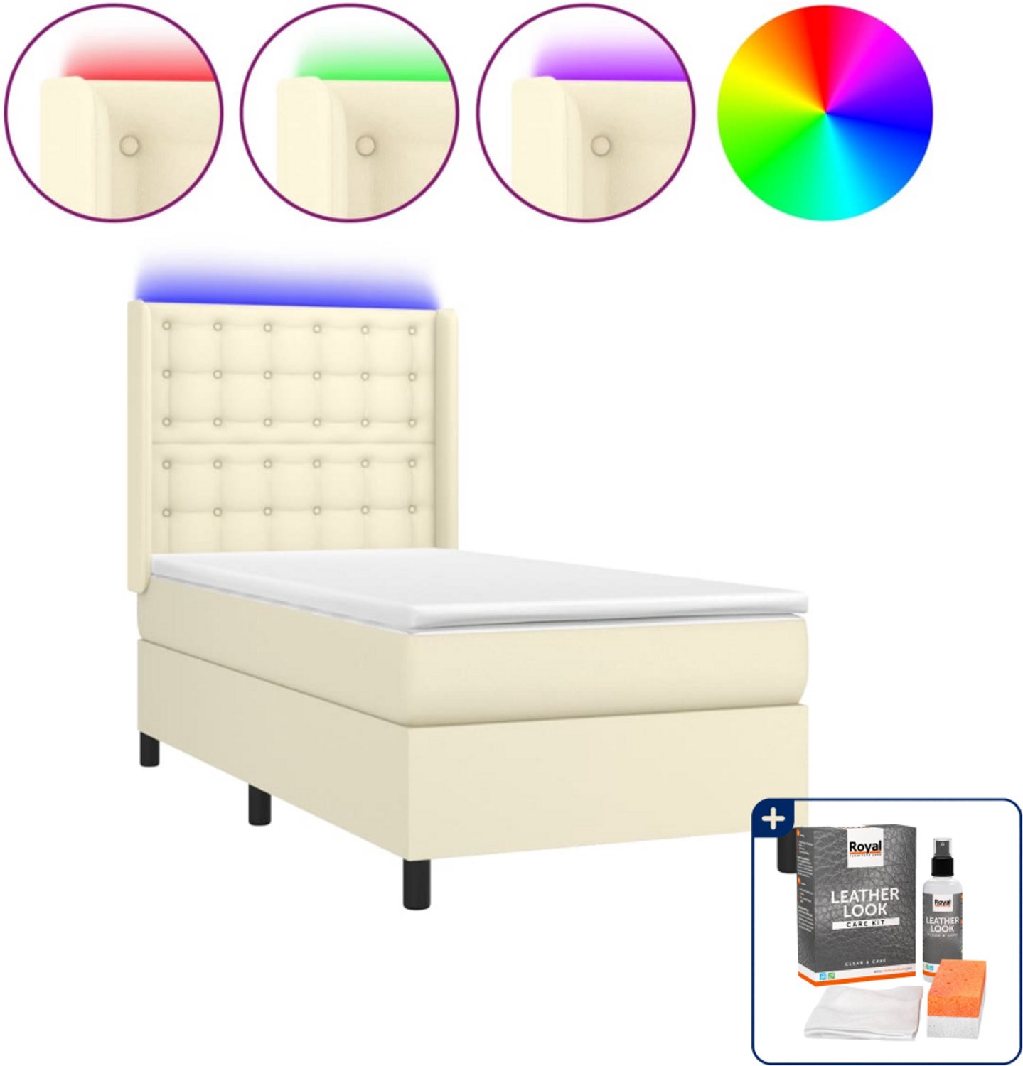 vidaXL boxspring met matras en LED - 90 x 200 cm - kunstleer - crème - Inclusief onderhoudsset voor kunstleer 150 ml