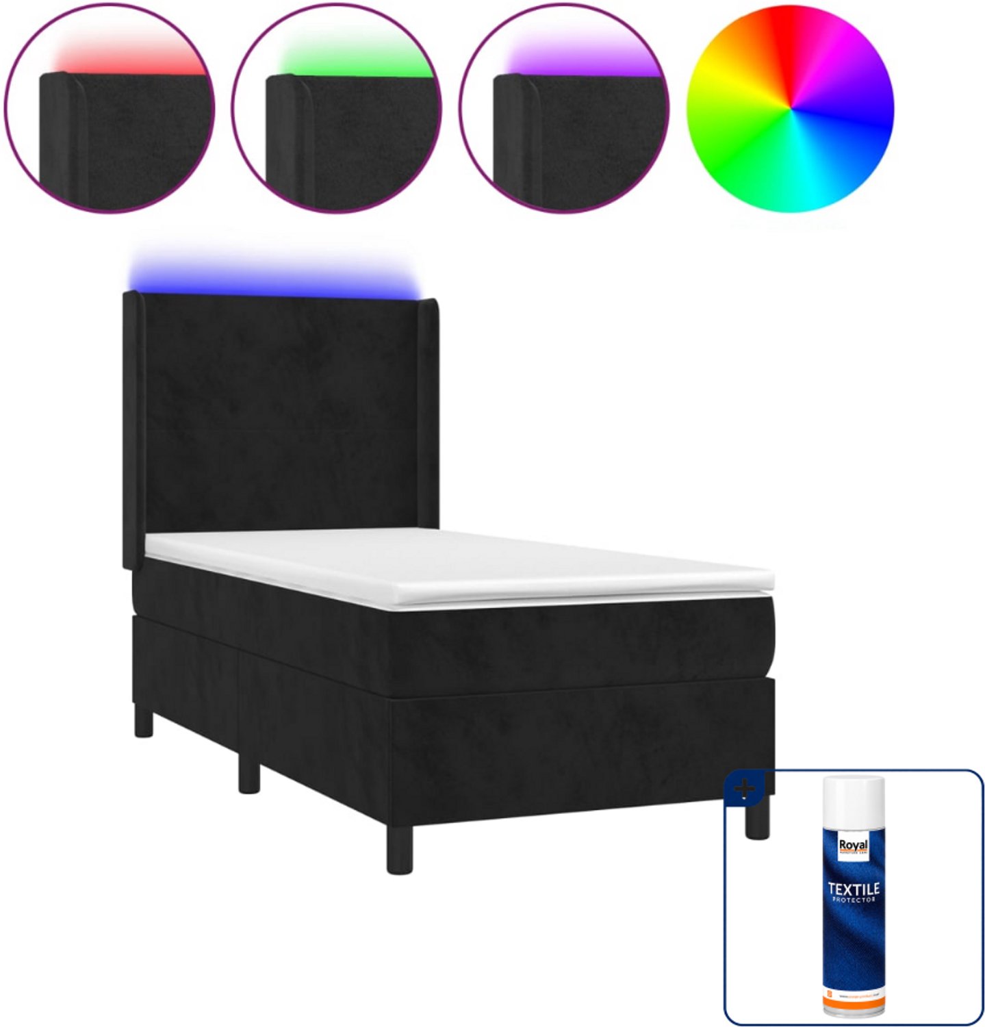 vidaXL boxspring met matras en led - 90 x 200 cm - fluweel - zwart - Inclusief textielbeschermer 500 ml