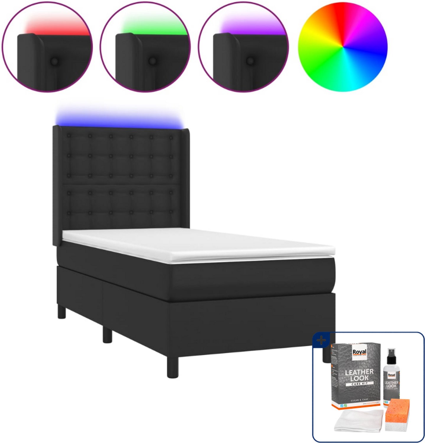 vidaXL boxspring met matras en LED - 90 x 190 cm - zwart - Inclusief onderhoudsset voor kunstleer 150 ml