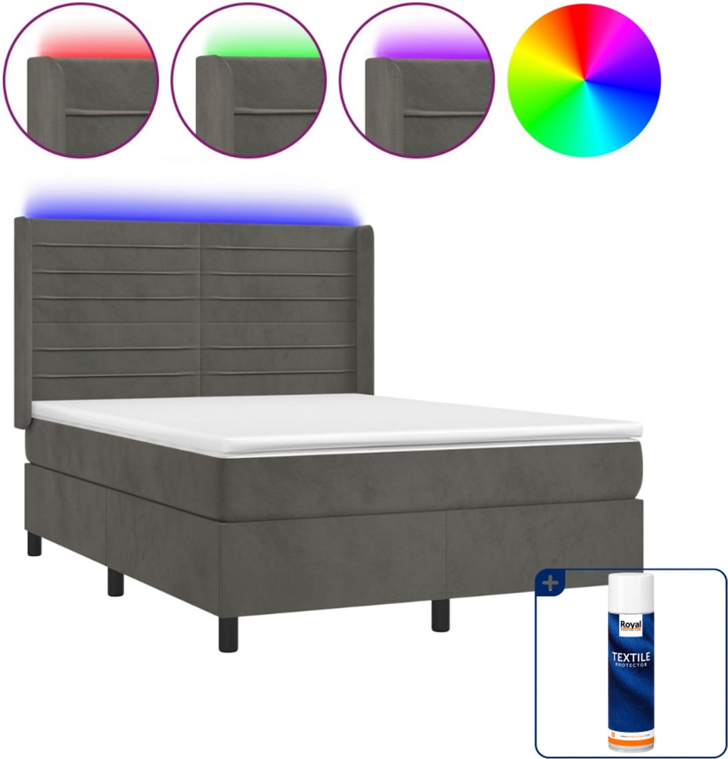 vidaXL boxspring met matras en led - 140 x 190 cm - fluweel - donkergrijs - Inclusief textielbeschermer 500 ml